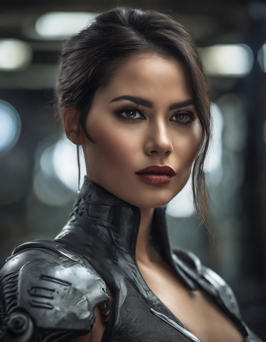 appealing cleavage,black hair,handsome girl,Asian peoples,real,photo-realistic,((Security suits)),full bodyesbian, half-open strawberry lips, dimple, thoughtful look, Black Eyes (Very long wavy gray hair), ((Detailed Face)), ((Detailed facial features)), (Thin, fine skin), Fair skin and redness, ((A plunging neckline with details of a high-tech cyberpunk dress)), Cyberpunk Metropolis Environment, (cool colors), Mused, (Masterpiece) (perfect aspect ratio)(foto realista)(Best Quality) (Detailed) shot on a Canon EOS R5, 50mm lens, f/2.8, HDR, (8K) (wallpapers) (Cinematic lighting) (dramatic lighting) (sharp-focus) (Intricate), Original Photo, posing for camera, black jeans, back arms, 8K, Ultra HD, DSLR camera, hiquality, filmgrain, Fujifilm XT3