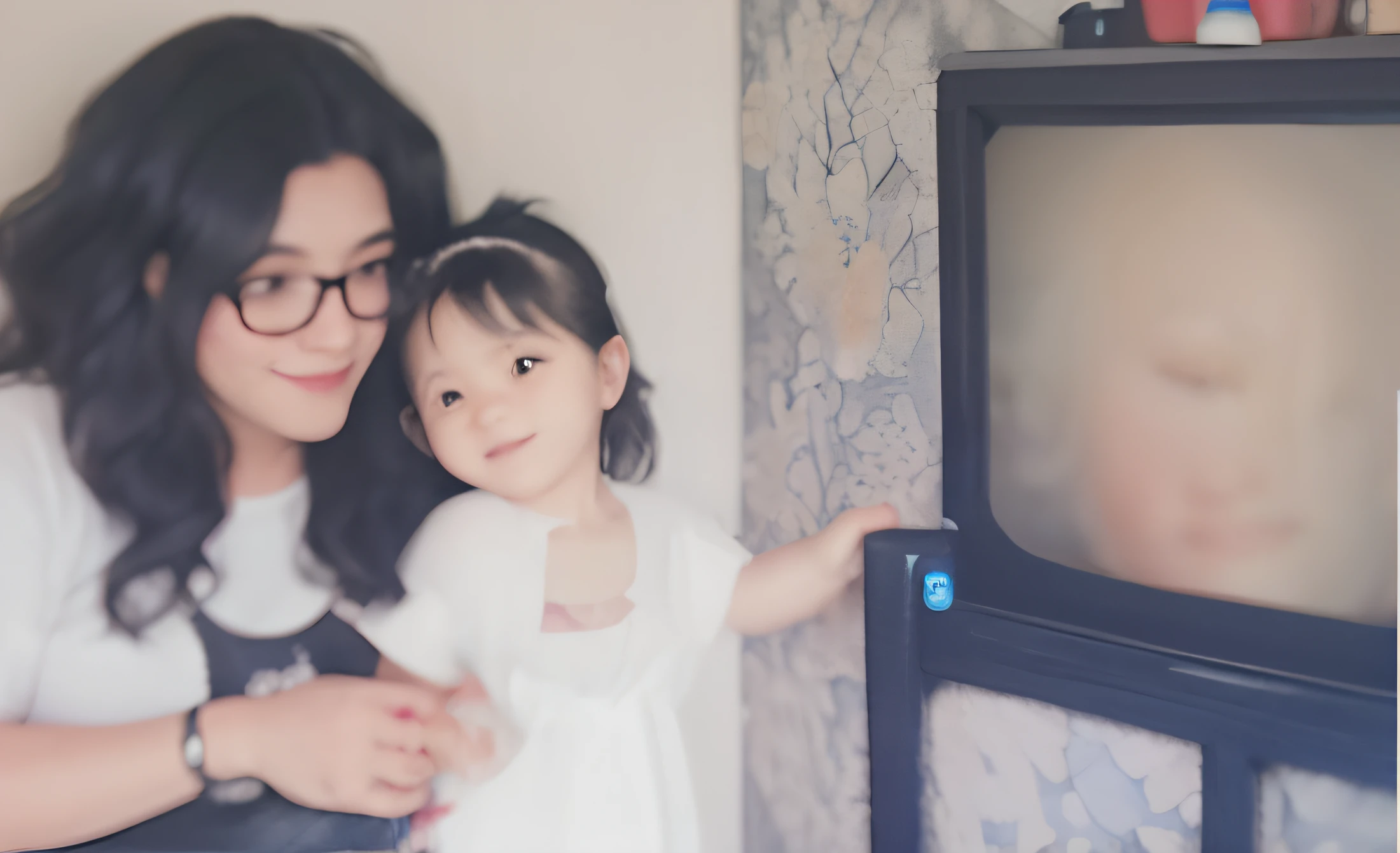 Mae com cabelo grande preto brincando com sua filha de 2 anos e 9 meses
