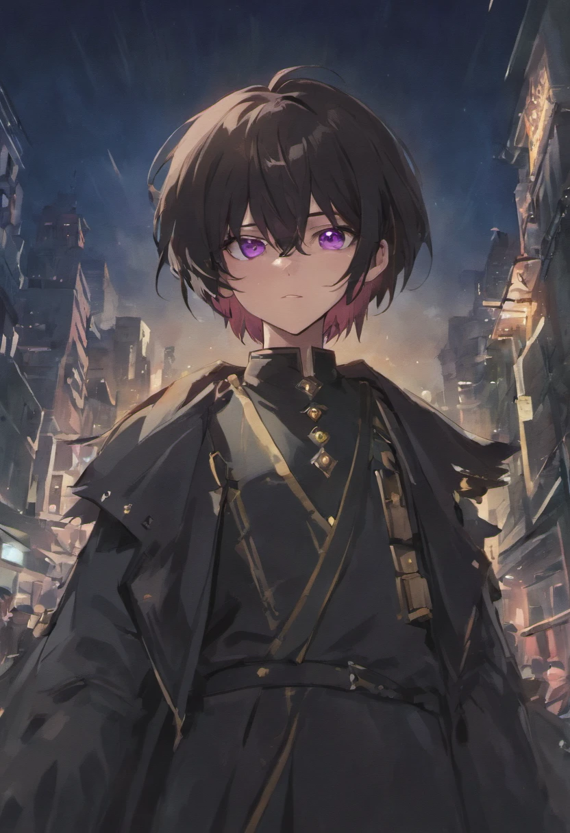 {{{tmasterpiece}}}，{{{HighestQuali}}}，{{{A high resolution}}}，{{{Highest image quality}}}，Black hair, Purple eyes, assassin, black clothing, assassin clothing, handsome man, smiling, two swords on it's back, emotionless face, Midnight city background,