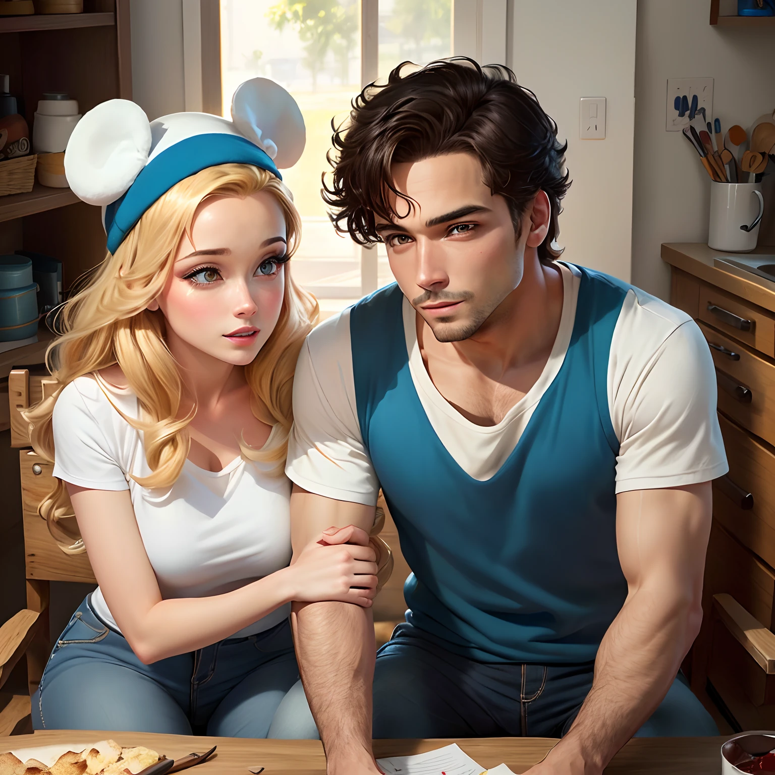 casal branco cabelos castanhos e olhos castanhos na obra, com capacete branco engenharia Disney pixar