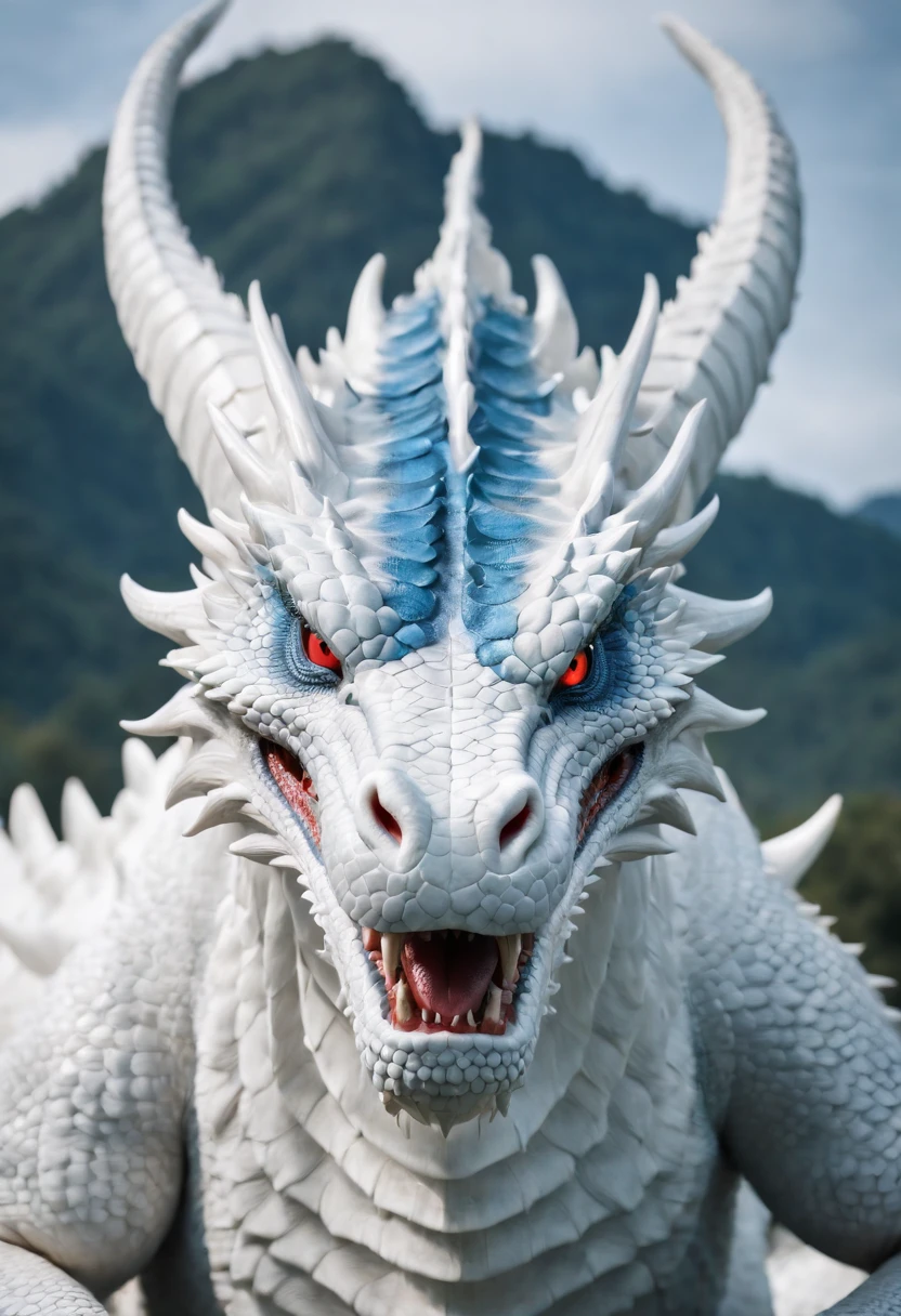 A large white oriental dragon with blue, com cabelos vermelhos e grandes placas dorsais, tamanho colossal