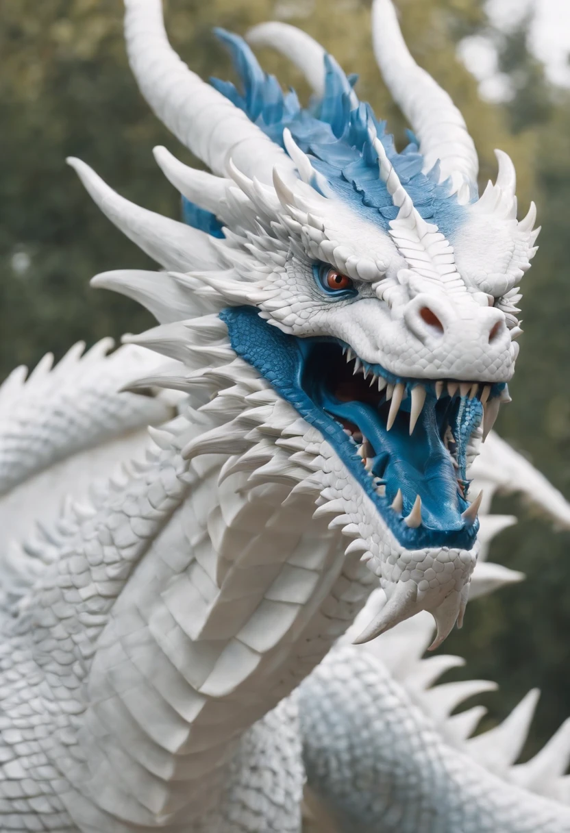 A large white oriental dragon with blue, com cabelos vermelhos e grandes placas dorsais, tamanho colossal