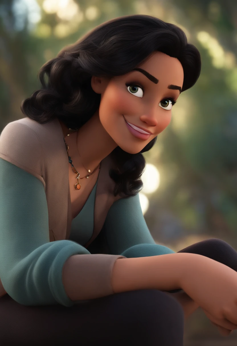 Criar um personagem no estilo pixar dentro de um jaleco. personagem branca, cabelo longo preto e liso, sorridente.