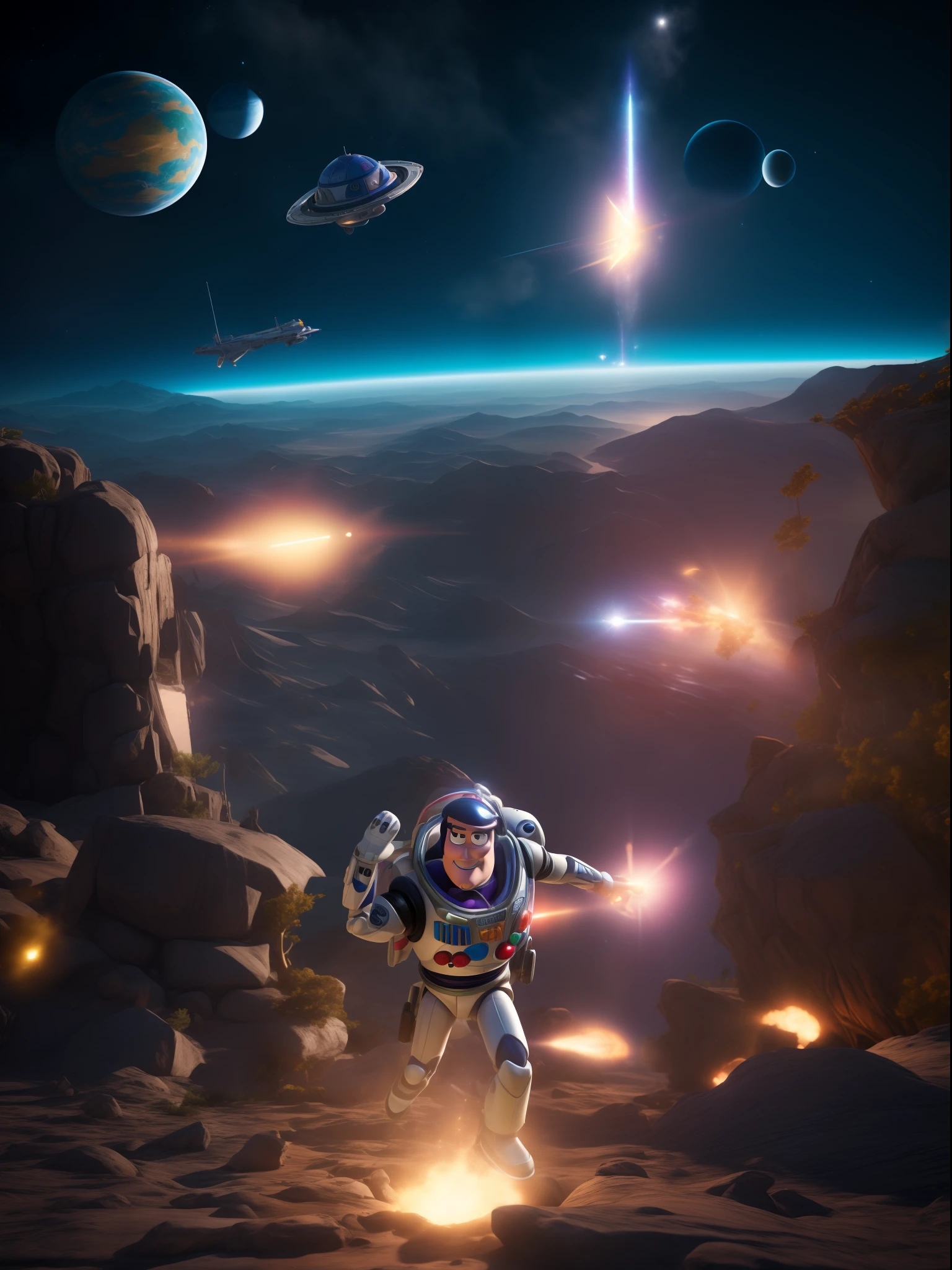 best quality,ultra-detailed,realistic,toy story,1buzz lightyear,space ranger,heroic pose,colorful,pop art style,glowing laser,metallic suit,expressive eyes,action figure,futuristic,adventurous,galactic background,exploring unknown planets,protecting the universe,fun and exciting,childhood memories,toy collector,brave astronaut,rocket boosters,flying through space,team with woody and his friends,positive and dynamic,3D animation,star command,defending galaxies,laser blaster,beloved character,catchy catchphrase,to infinity and beyond