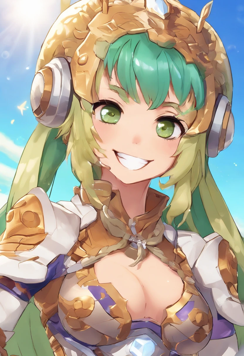 Female Jaguar, green colored eyes, Hair tied in a ponytail, Brown, In Silver Armor, Smiling, portraite of a, against the backdrop of the desert, Arcane style