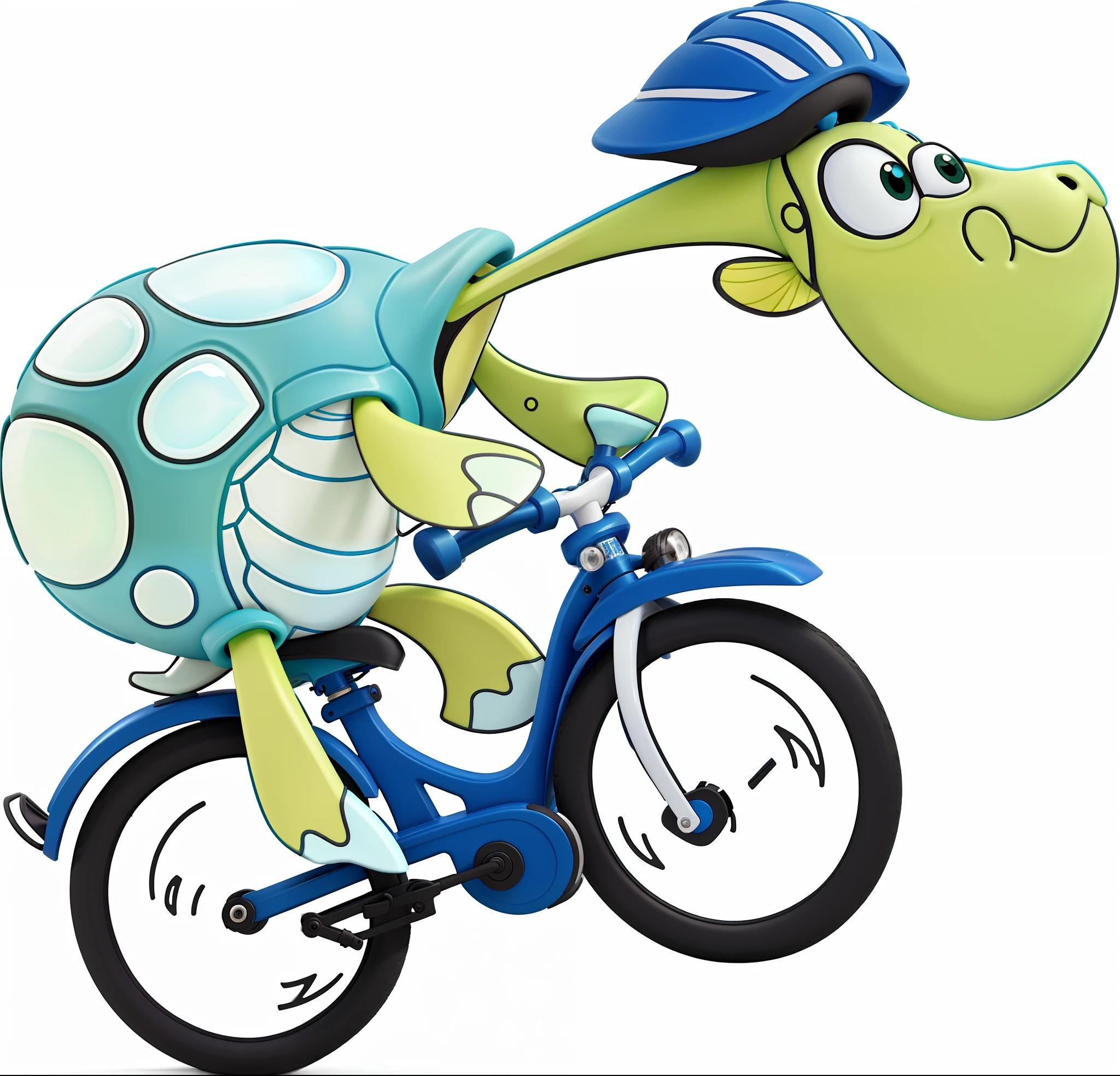 Tartaruga andando de bicicleta, capacete azul, em uma.teilha com uma linda cachoeira Disney pixar |