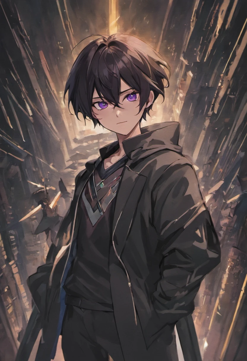{{{tmasterpiece}}},{{{HighestQuali}}},{{{A high resolution}}},{{{Highest image quality}}},Black hair, Purple eyes, assassin, black clothing, assassin clothing, handsome man, smiling, two swords on it's back, Midnight city background, 48 years old, smug face, chill