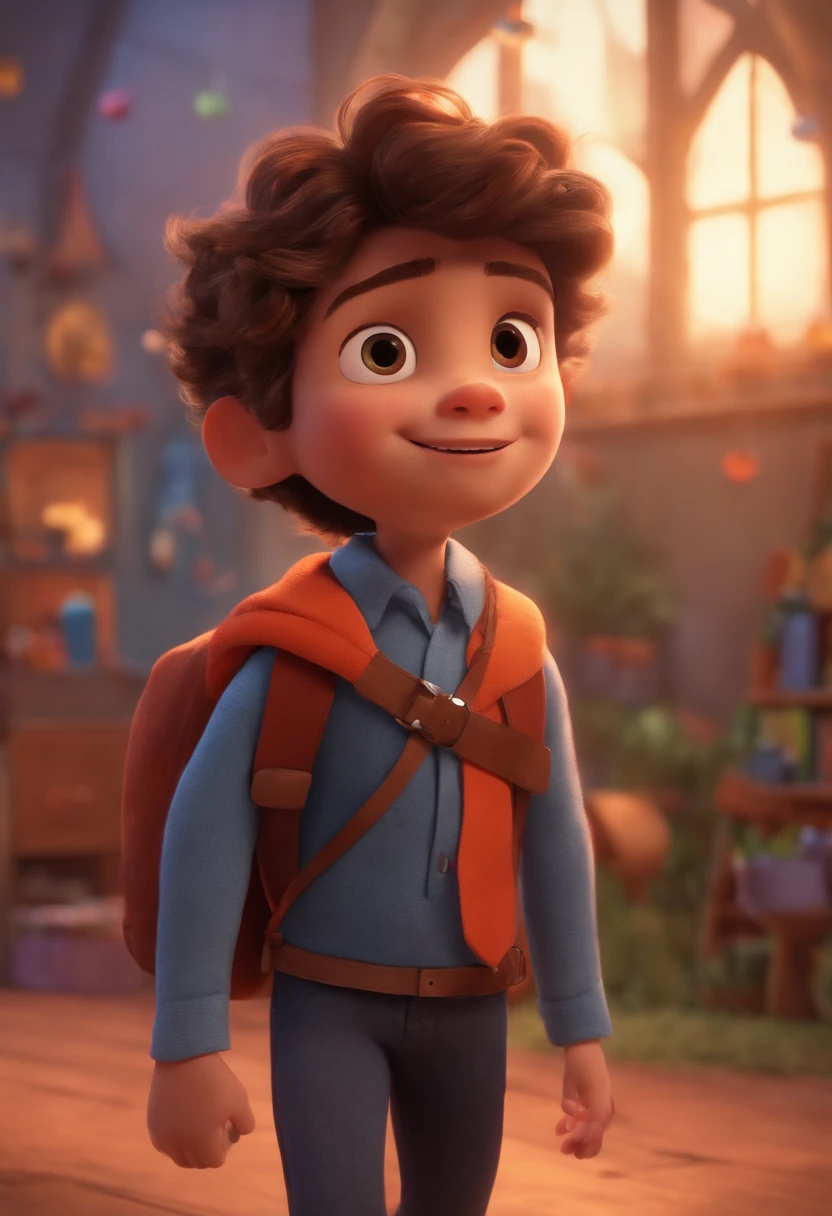 Image of a boy for a story in a YouTube video in Pixar format, He's the  allabester, He's the class leader, He's outgoing, Playful and gets up for a lot of things, cabelo curto