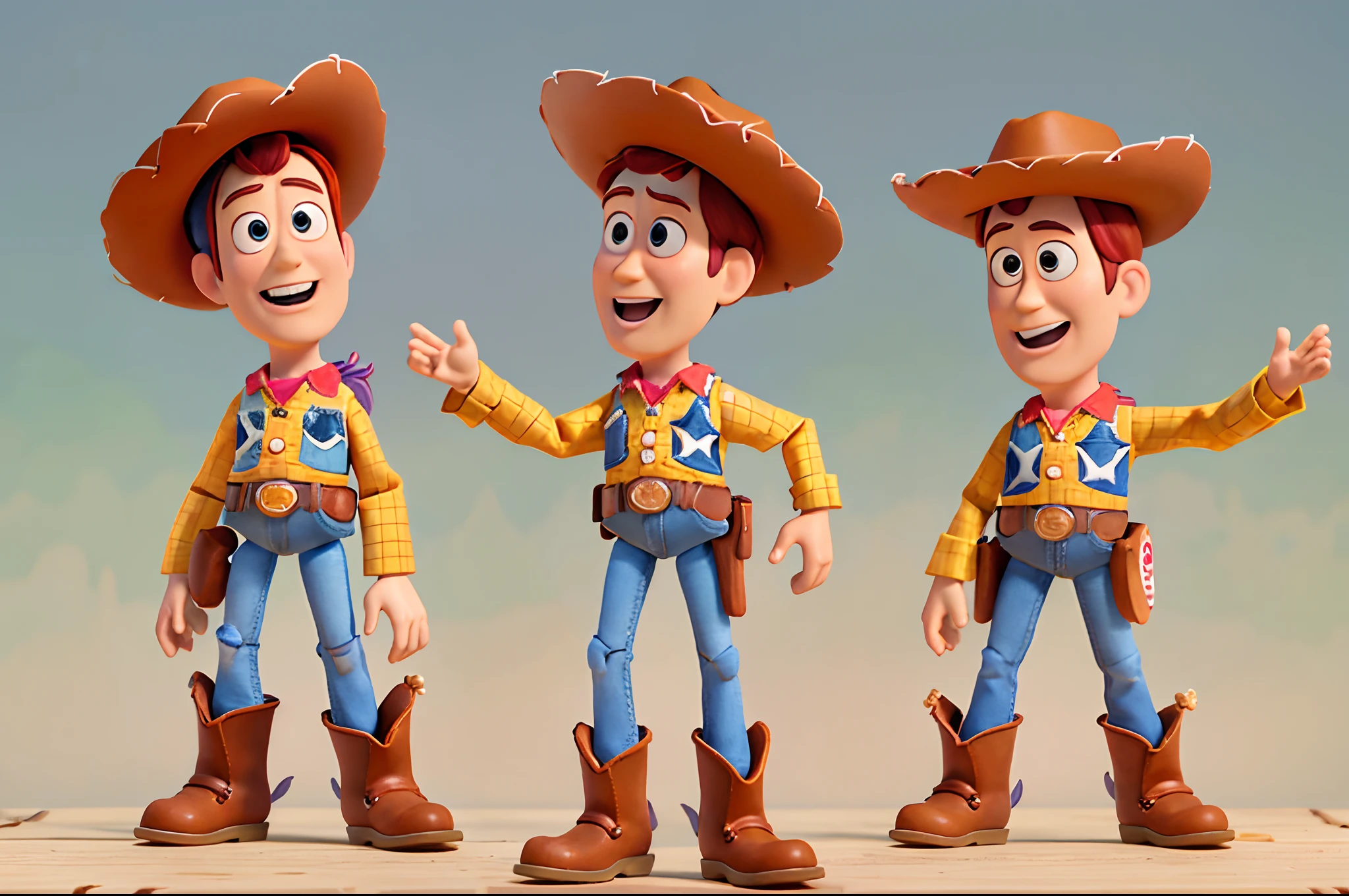 1woody character of toy story, Pixar style, vibrant colors, detailed facial features, cowboy hat, button-up shirt, denim jeans, sheriff badge, cowboy boots, pull-string voice box, toy-like appearance, animation, dynamic pose, adventurous spirit, whimsical background, playful lighting