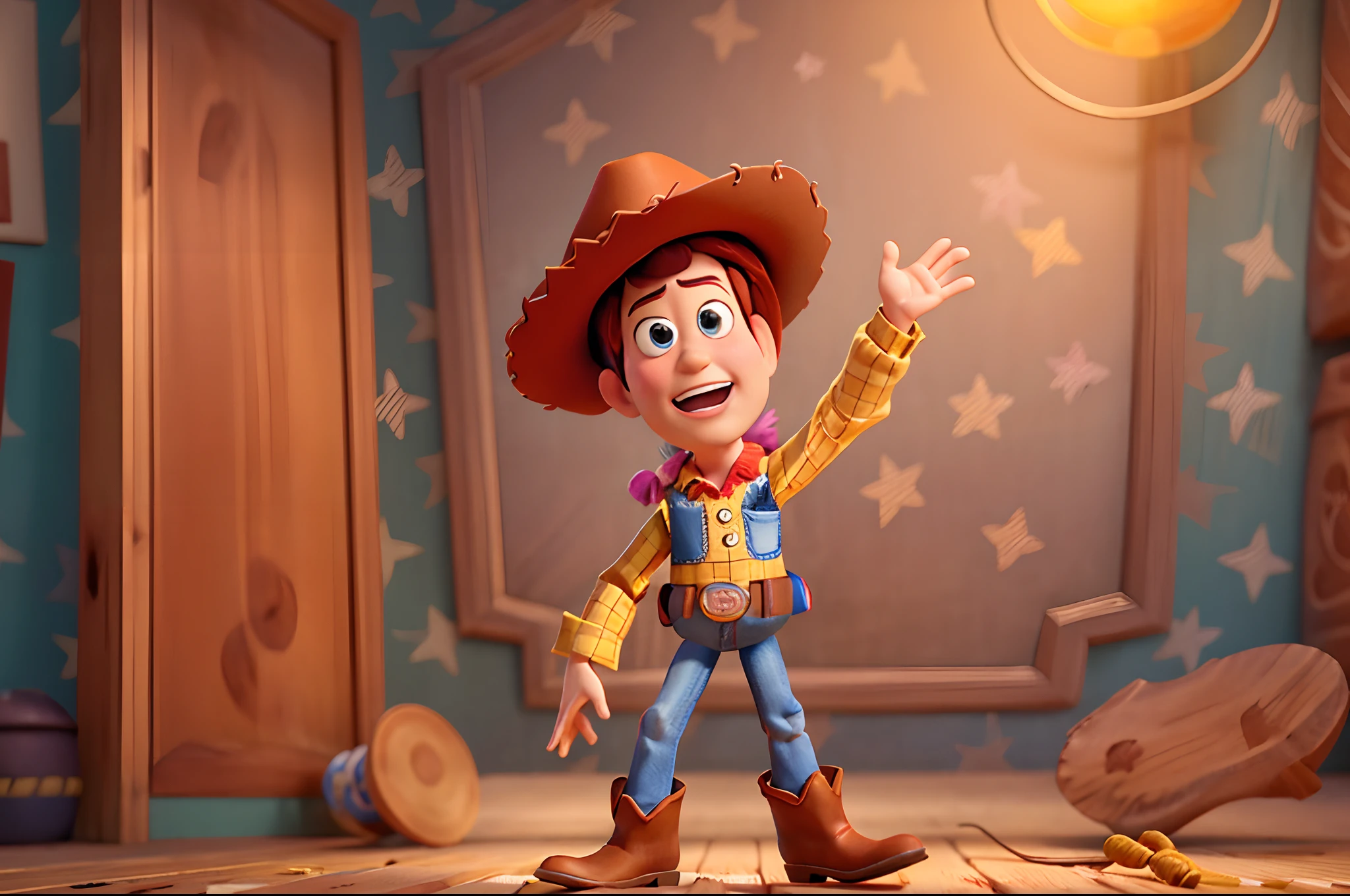 1woody character of toy story, Pixar style, vibrant colors, detailed facial features, cowboy hat, button-up shirt, denim jeans, sheriff badge, cowboy boots, pull-string voice box, toy-like appearance, animation, dynamic pose, adventurous spirit, whimsical background, playful lighting