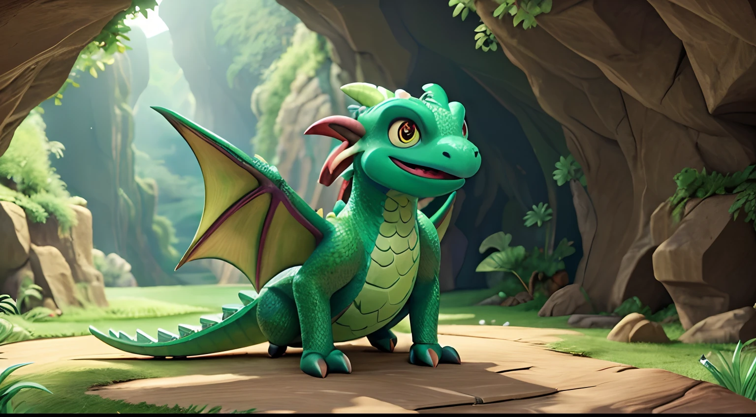 A green dragon named Zazu,Zazu, his wings spread wide, lounging in the back of his cave on a pile of straw, sunlight filtering in, the cave's entrance overlooking the tranquil valley, portraying Zazu's laziness and emerald scales, Illustration, digital painting, --ar 16:9 --v 5
