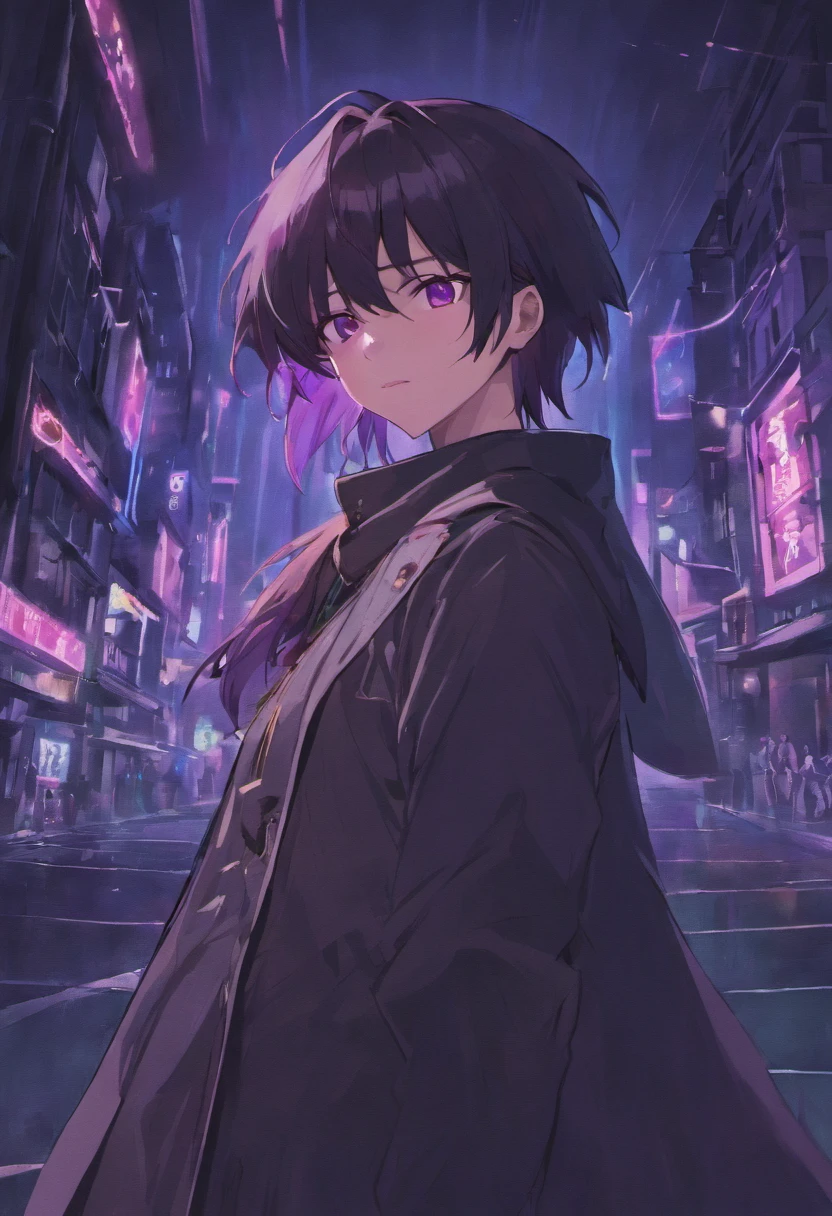 {{{tmasterpiece}}}，{{{HighestQuali}}}，{{{A high resolution}}}，{{{Highest image quality}}}，Black hair, Purple eyes, assassin, black clothing, assassin clothing, handsome man, smiling, two swords on it's back,  Midnight city background, 48 years old, smug face, chill