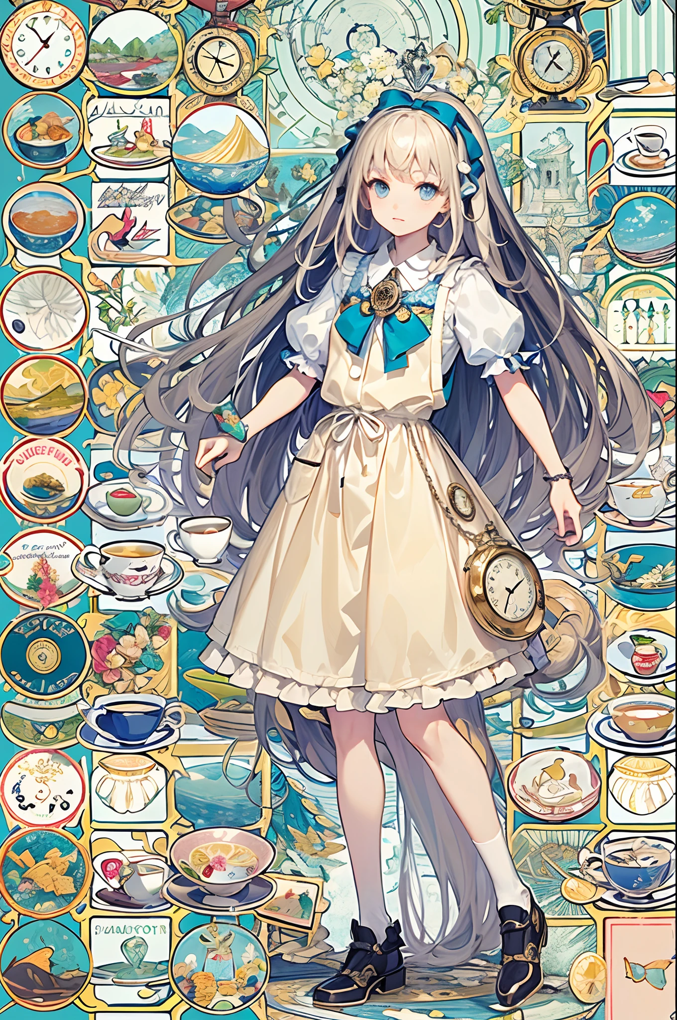 (masuter piece、top-quality、Mystical、Beautifully Aesthetic、Perfect human body balance、offcial art、Impresionismo、von gogh:1.2)、(1 girl in:1.3)、(Fractal Art:1.0)、shinny skin、patterns、(alice in the wonderland:1.2)、(PlayingCards、tea cup、pocket watch:1.3)、(Tie your hair with a ribbon、Blue Dress、a miniskirt、beauty legs、White Apron、white sock、platinum-blonde、Blue eyes)、Exotic wallpapers、highly colorful、Abstract background、Fantastical