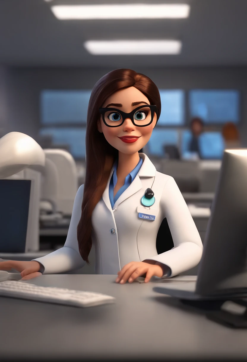 Pixar style image with 3D character white glasses brunette woman straight hair big black in white lab coat working in front of computer in office, Maquiagem Disney,Pescador, bonitinho, sorridente ,Close-up, Pixar, Disney, Cinema lighting,