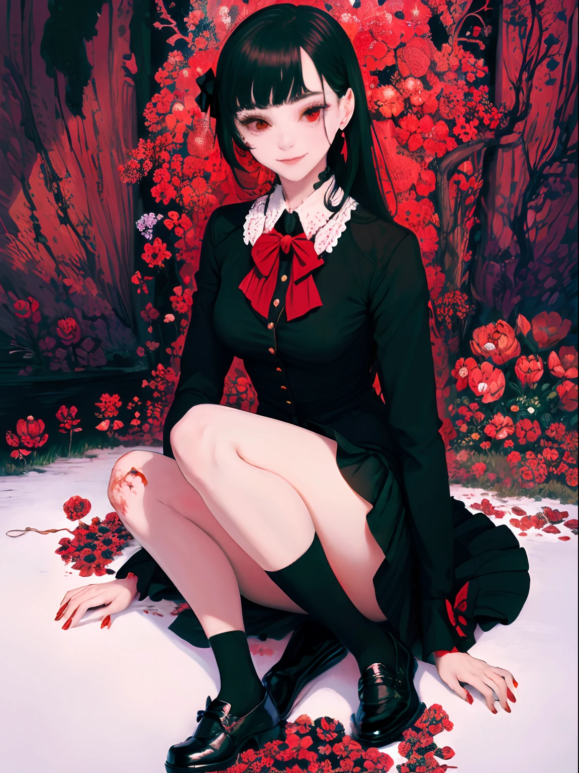 masterpiece, best quality, intricately detailed, a woman, beautiful, elegant, infected face, smile, iridescent long hair, bangs, bow, hair bow, skirt, shirt, long sleeves, frills, shoes, bowtie, (red and black:1.4), flower,