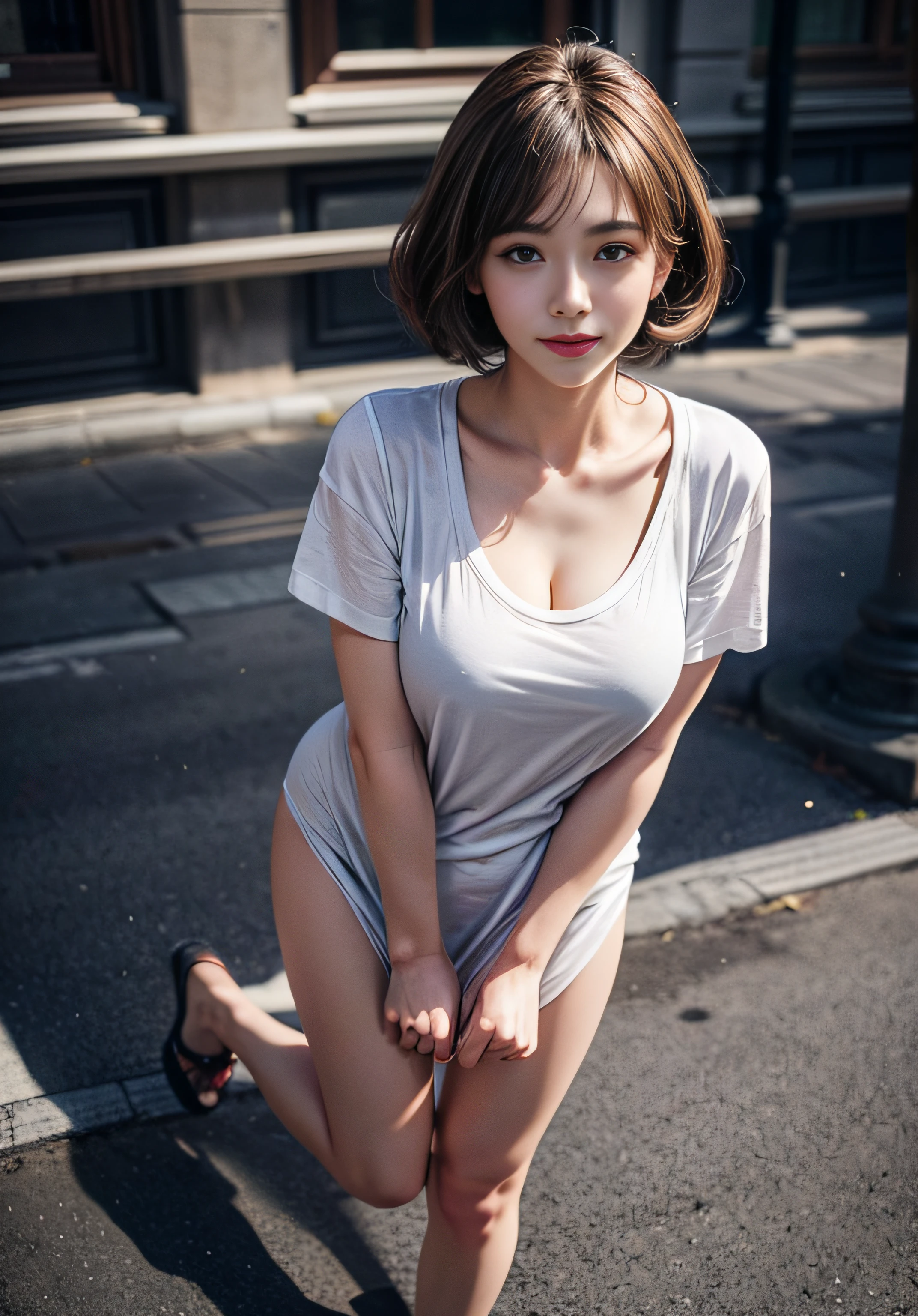 (8K high image quality), (top-quality), (RAW image quality),(masutepiece:1.2), (Realistic), (Photorealistic:1.37), Goose egg face,largeeyes,long eyelasher,Exquisite(Live-action realistic style),The Ultimate Face,Photorealistic light and shadow,Clear facial features,milky skin,Fair skin, highdetailskin,Realistic skin details,Visible Pore,(Super Detail),short hair length, (Flowing hair),Shoot for viewers,Shot from a short distance,Ultra-detailed, 1girl in, Cute,Beautiful detailed eyes, beautiful detailed nose, highlydetailed skin,Full body,I can see the cleavage ,(eyecontact),(Colossal tits、Breast Abundance)、(Beautiful face with double eyelids),((fullbody image)), (Realism: 1.4),High image quality, excellent details, Ultra-high resolution, (Realism: 1.4), The best illustrations, favor details, Highly condensed 1girl,delicate and beautiful face, 1girl in,18year old,(Beautiful Face 1.4)、A slender、((Beautiful woman in white t-shirt,I'm not wearing anything except a white t-shirt)),extra detailed face,Too clear white skin,((Show your viewers your best smile)),((Full body shooting)),Slender Body Style),(Many people々In the city where the),very clean feet,Stand like a model