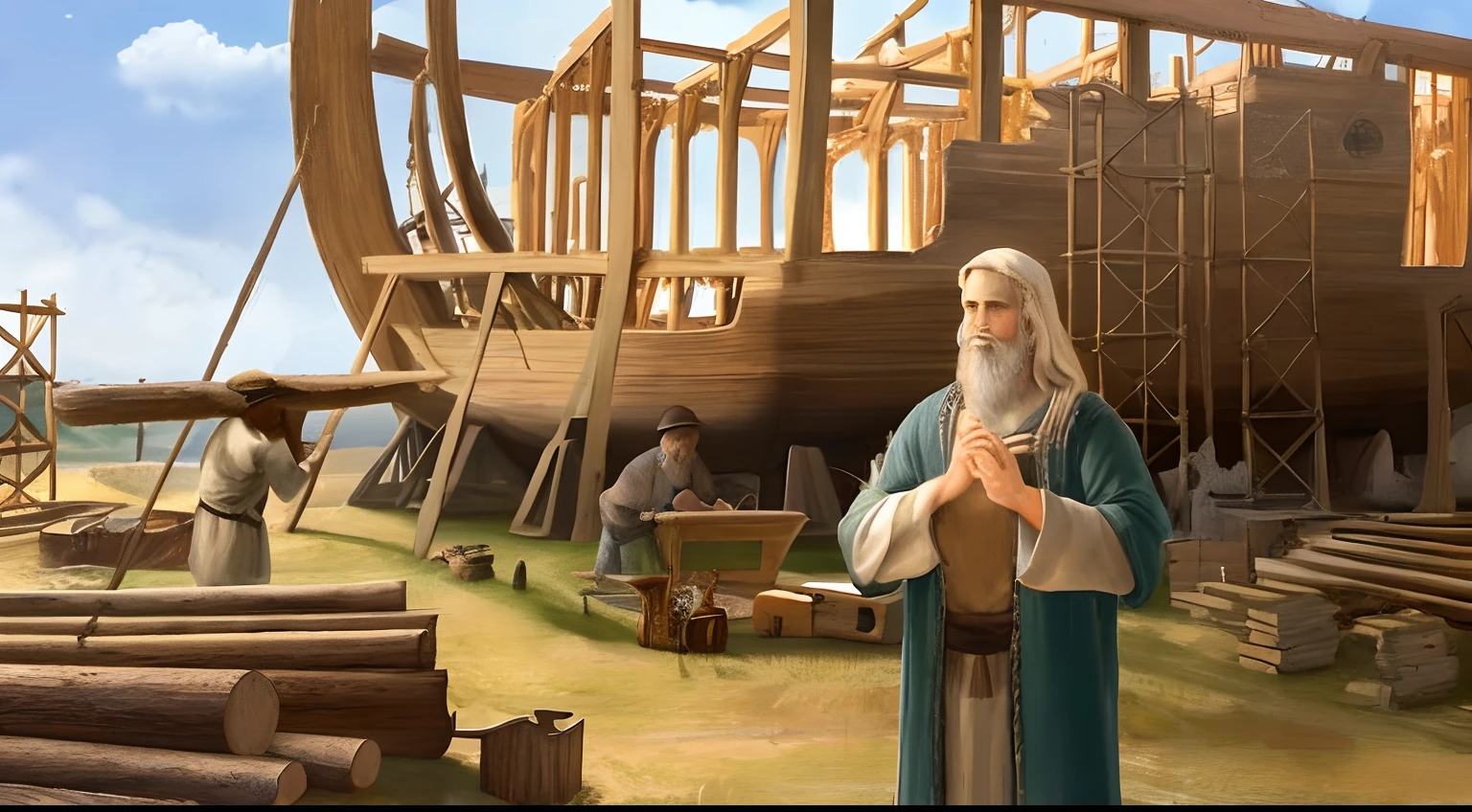 Construction of a wooden boat, em um campo, bible illustration