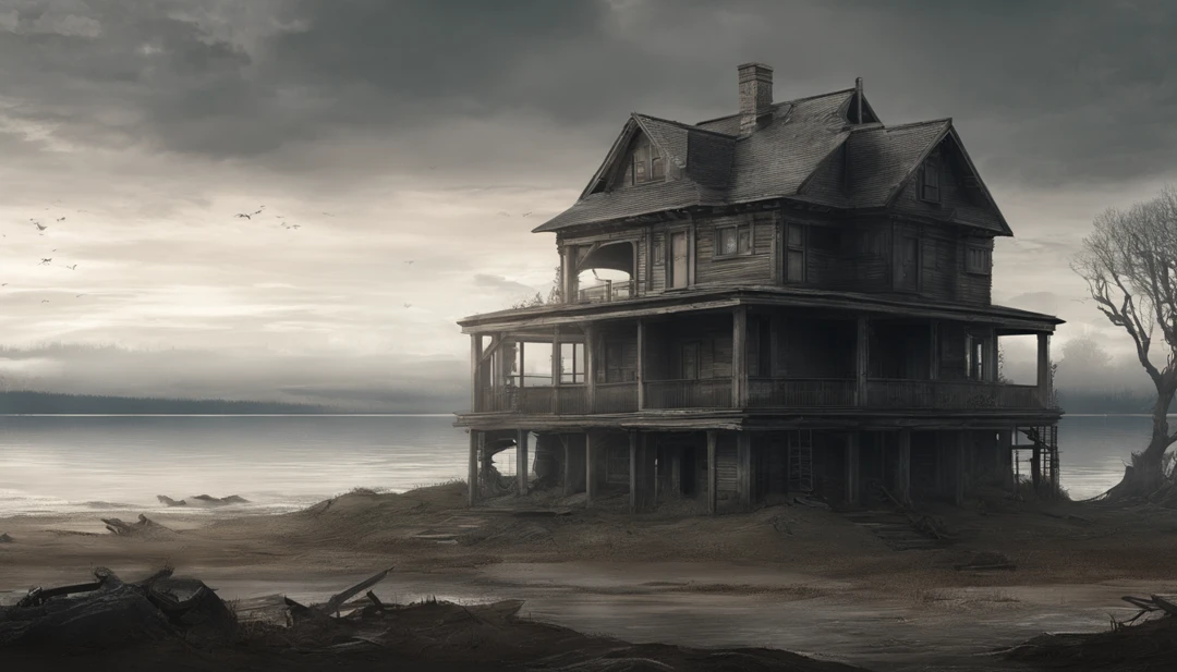 A house stands in the middle of an end-time world on the shore of a lake, roads and paths are weathered, it was a long time ago when the catastrophe came.