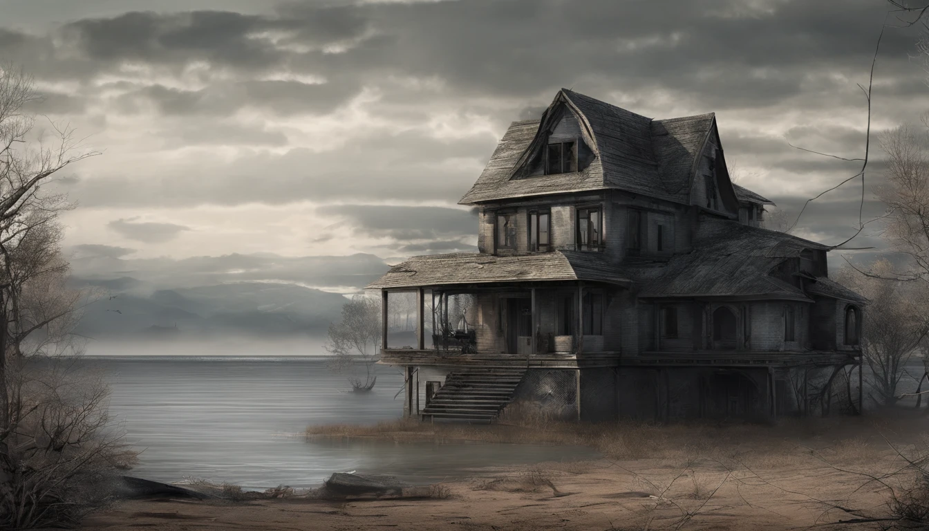 A house stands in the middle of an end-time world on the shore of a lake, roads and paths are weathered, it was a long time ago when the catastrophe came.