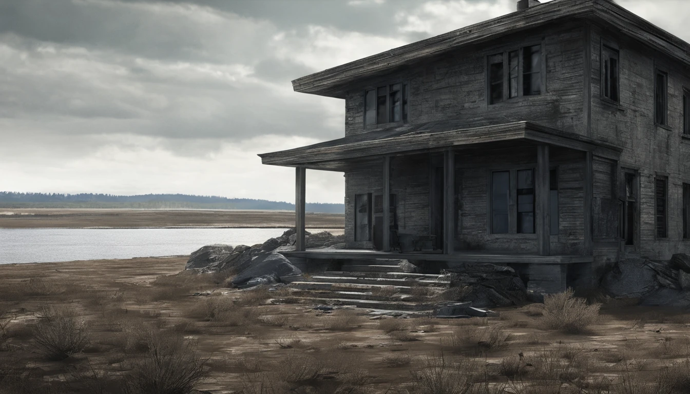 A house stands in the middle of an end-time world on the shore of a lake, roads and paths are weathered, it was a long time ago when the catastrophe came.