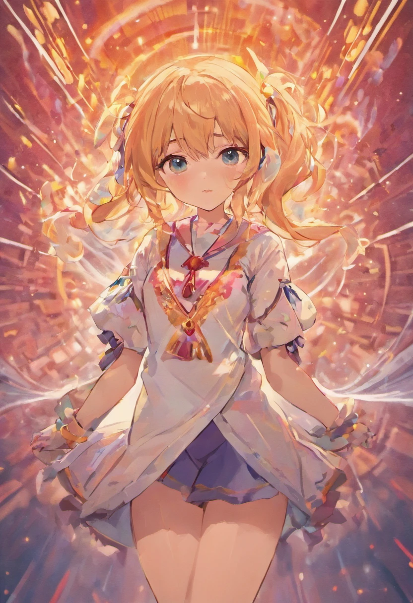 A girl with blonde hair and blue eyes standing in front of a light ...