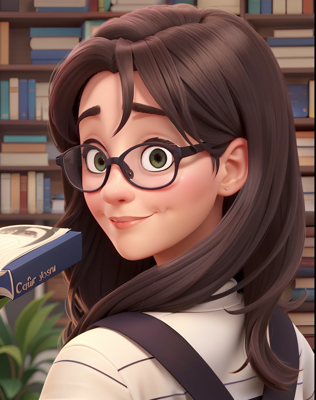 Uma mulher de 49 anos, cor parda,cabelo preto com luzes curto, rosto arredondado,With eye Glasses,sentada lendo um livro na varanda