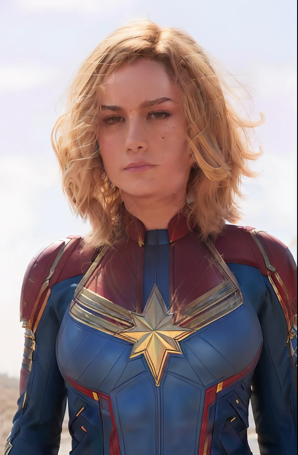 brie larson, medium hair, full body portrait, wearing captain marvel outfit, sexy, cleavage, breasts showing