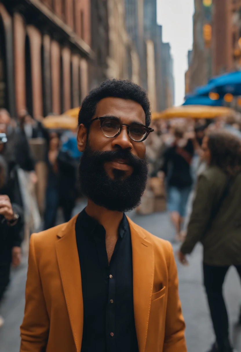 Homen NEGRO de 42 anos com barba e oculos com cabelo rapado nas laterais em uma ponto turistico de nova york  ESTILO DINEY PIXAR. ALTA QUALIDADE MELHOR QUALIDADE