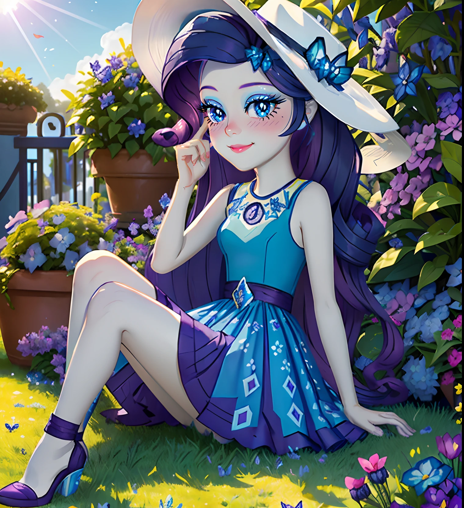 Equestria girls rarity, rarity, rarity in the form of a girl, long dark purple curl hair, blue eyes, long white and blue dress, small blue heels, in a heavenly garden, soft blush, soft smile, holding flowers, highly detailed garden, ((bright sunny day 1.0)), highly detailed lighting, yellow light, blue sky, day time, glowing blue butterflies, blue aura blue butterflies, blue eyeshadow ((DARK BLUE EYES 2.0)), full body, bright blue flowers, flowers everywhere, ((BRIGHT BLUE SKY 1.5)), in a botanical garden full of lavender flowers, hanging flower pots, wearing a white hat with purple ribbons