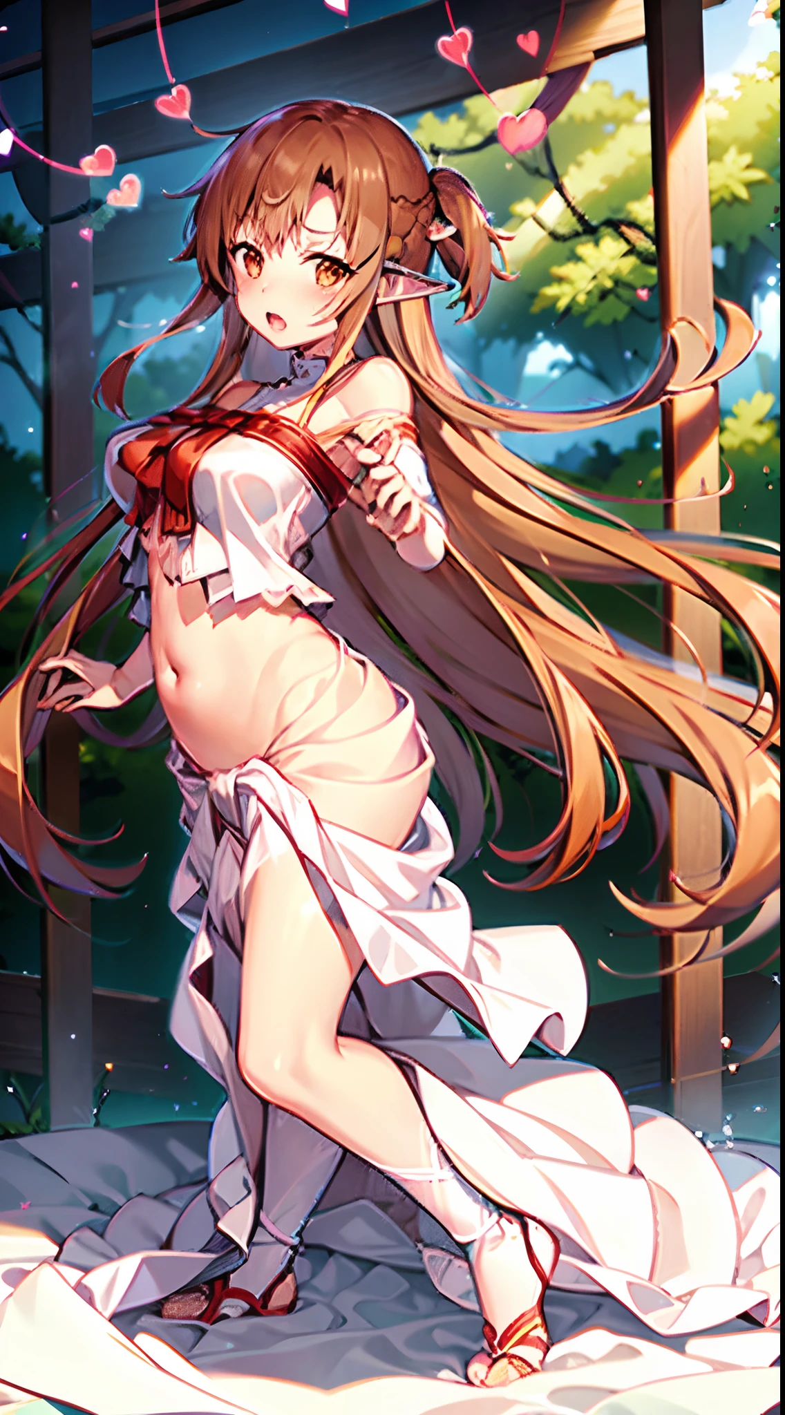 Best Quality, Navel, Big breasts, Red Ribbon, pointy ear, ear covers, Orange hair, Brown eyes,Heart eye、AHE Face、fullnude、thin waist, big butt、Erotic pictures、nakedness