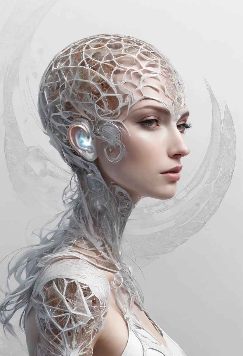 Fractal Theme, mockup, female cyborg, Art Stereometry, Mathematics, Art Fantasy, Art Flower of Life Sacred Geometry, sparks and surges, sticker, vector t-shirt art design, ready to print, white bg, vibrant, absolutely black thin contour lines, detailed, sticker