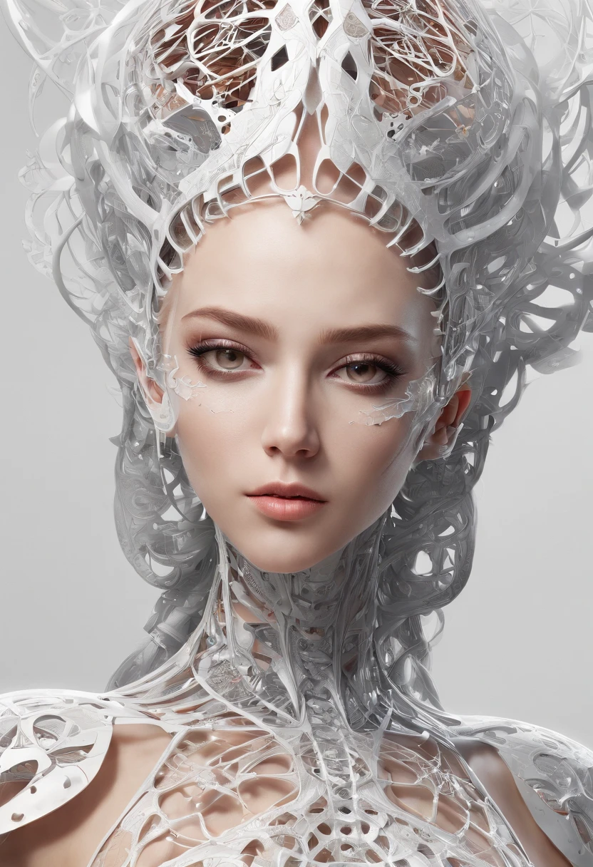 Complex 3d rendering super detailed beautiful robot angel, simulated 150mm lens, beautiful natural soft edge light, Neon glow, large leaves and stems, bees, roots, fine leaf lace, colorful details, Boris Bidjan Saberi clothing, pearl earrings, piercings, Art Nouveau fashion embroidery, intricate details, mesh lines, mandelbro fractals, facial muscles, cables, microchips, surreal, ultra-detailed, octane rendering, volumetric lighting, 8k post