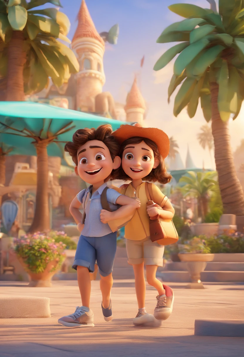 Cartoon of friends having fun on vacation together, 3D Animation Movie Poster, Poster de filme animado, pixar 3 d animation style, pixar renderman rendering, maia 8 mil, animated film, Disney Pixar Estilo 3D, amigos felizes saem juntos, all wearing light blue shirts and cream brown long pants, camisa azul clara, cream brown pants, ao ar livre, vacation, Disney Pixar Animation Poster