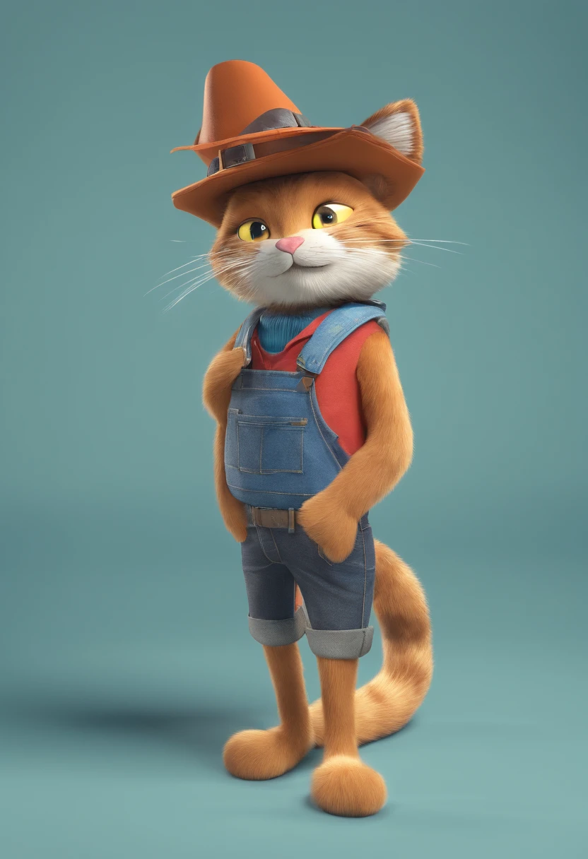 Katze die auf ein skaetbord steht und ein Basecap auf hat und freundlich aussieht und eine jeans latzhose an hat wo an der seite ihr schwanz rausschaut