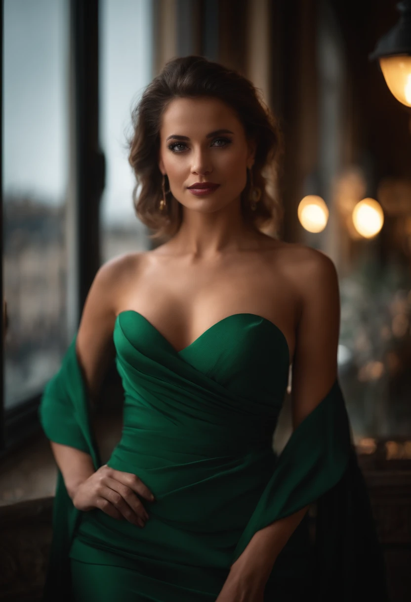 Photo brute, portrait corps entier, photo de belle 26 ans.o femme, cheuveux chatain, yeux vert, visage mignon, charme hypnotique, Porter une robe noire moulante, generous breast, Visage heureux, ombres dures, cinematic shot, dramatic lighting((realistic skin texture)), Jolie femme caucasienne, pose mignonne en regardant loin, huge hooters, ((Best quality, Best quality, Realistic Photography)), ((Masterpiece)), regarde camera avec amour, Paris in the background with coffee