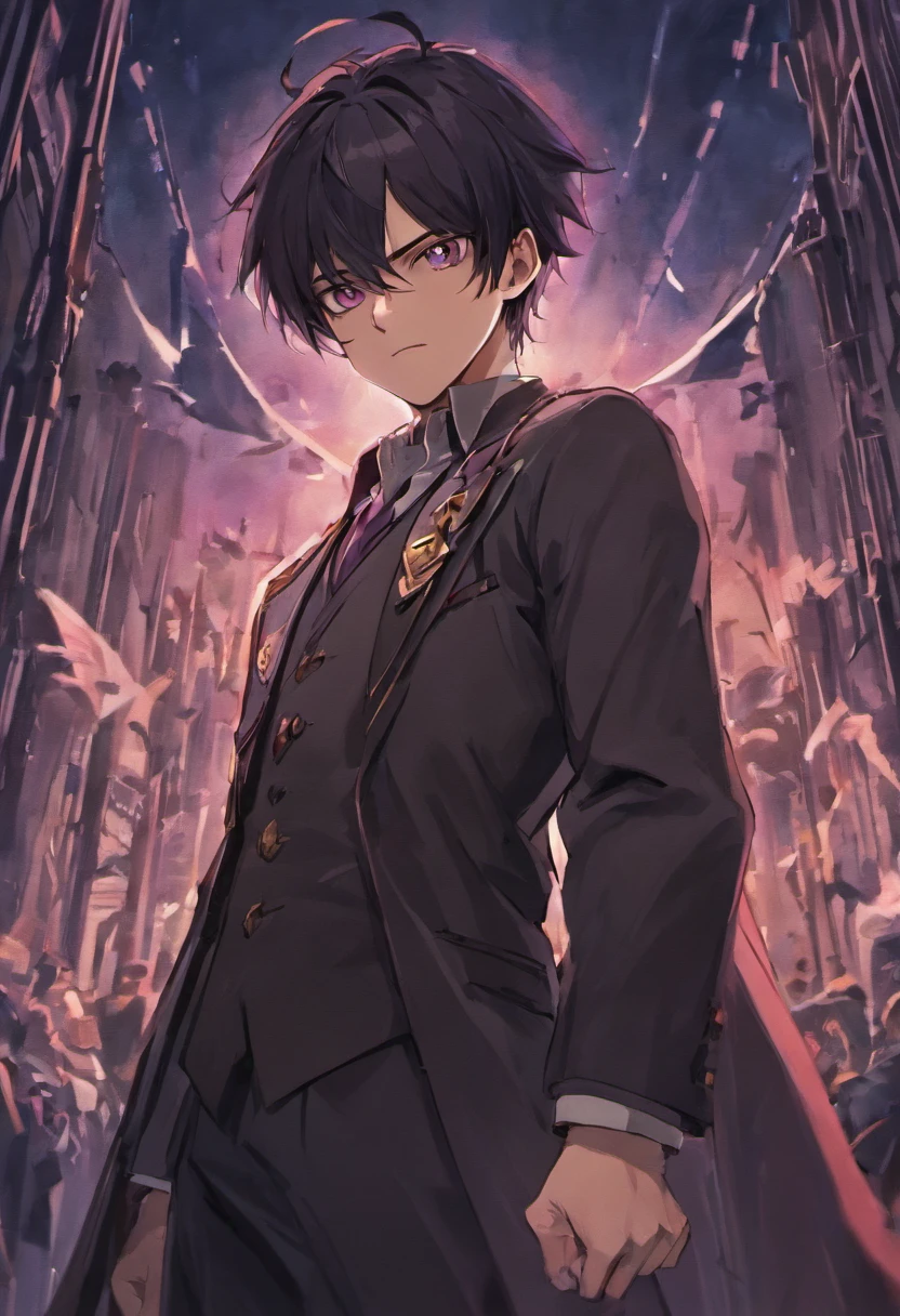 {{{tmasterpiece}}},{{{HighestQuali}}},{{{A high resolution}}},{{{Highest image quality}}},Black hair, Purple eyes, assassin, black clothing, assassin clothing, handsome man, smiling, two swords on it's back, Midnight city background, 48 years old, smug face, chill, Man, tall, 6 foot 4 inches tall,