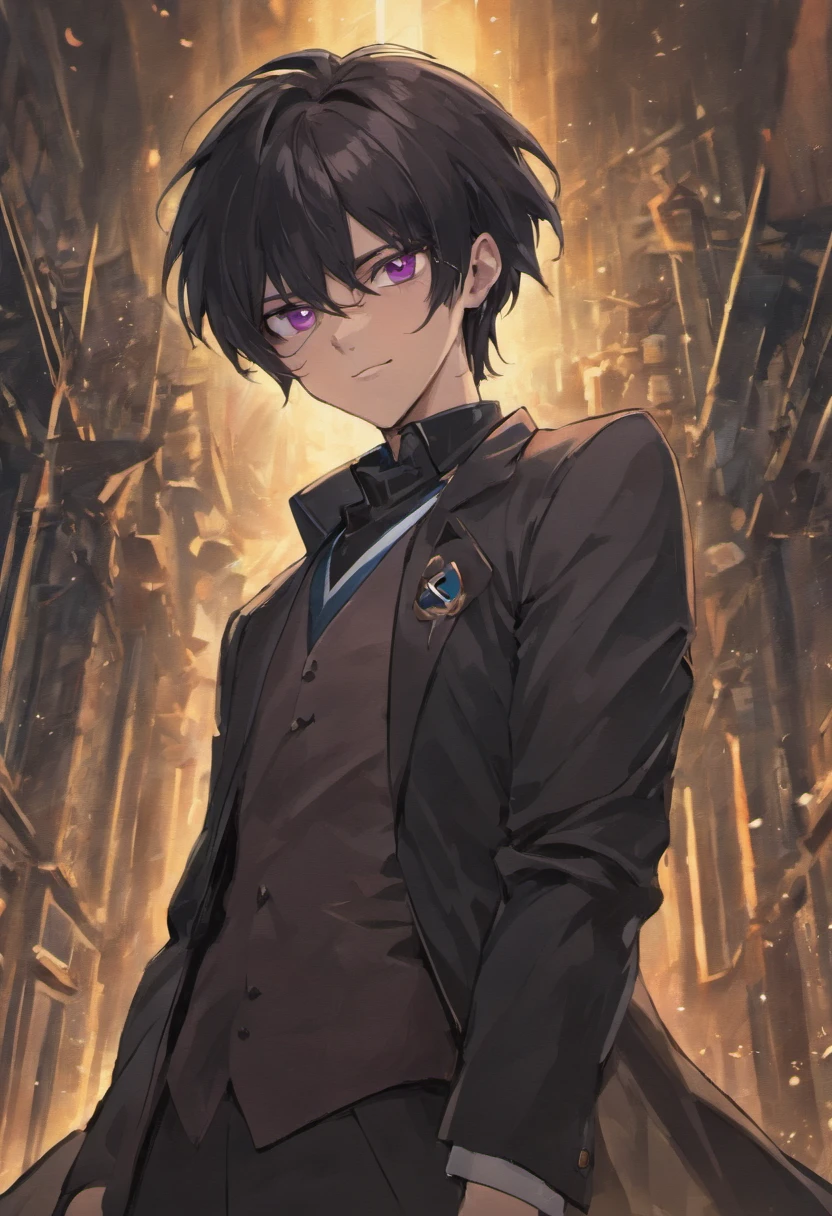 {{{tmasterpiece}}},{{{HighestQuali}}},{{{A high resolution}}},{{{Highest image quality}}},Black hair, Purple eyes, assassin, black clothing, assassin clothing, handsome man, smiling, two swords on it's back, Midnight city background, 48 years old, smug face, chill, Man, tall, 6 foot 4 inches tall,