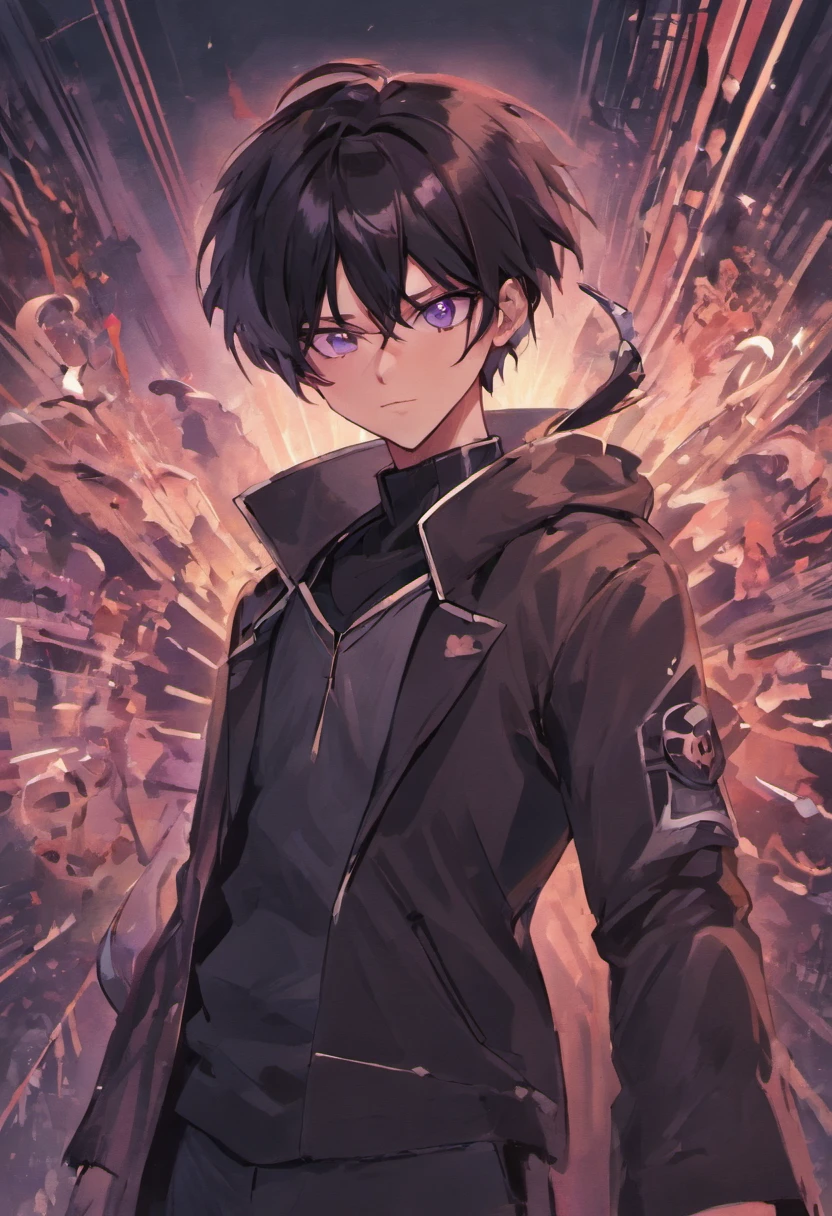 {{{tmasterpiece}}},{{{HighestQuali}}},{{{A high resolution}}},{{{Highest image quality}}},Black hair, Purple eyes, assassin, black clothing, assassin clothing, handsome man, smiling, two swords on it's back, Midnight city background, 48 years old, smug face, chill, Man, tall, 6 foot 4 inches tall,
