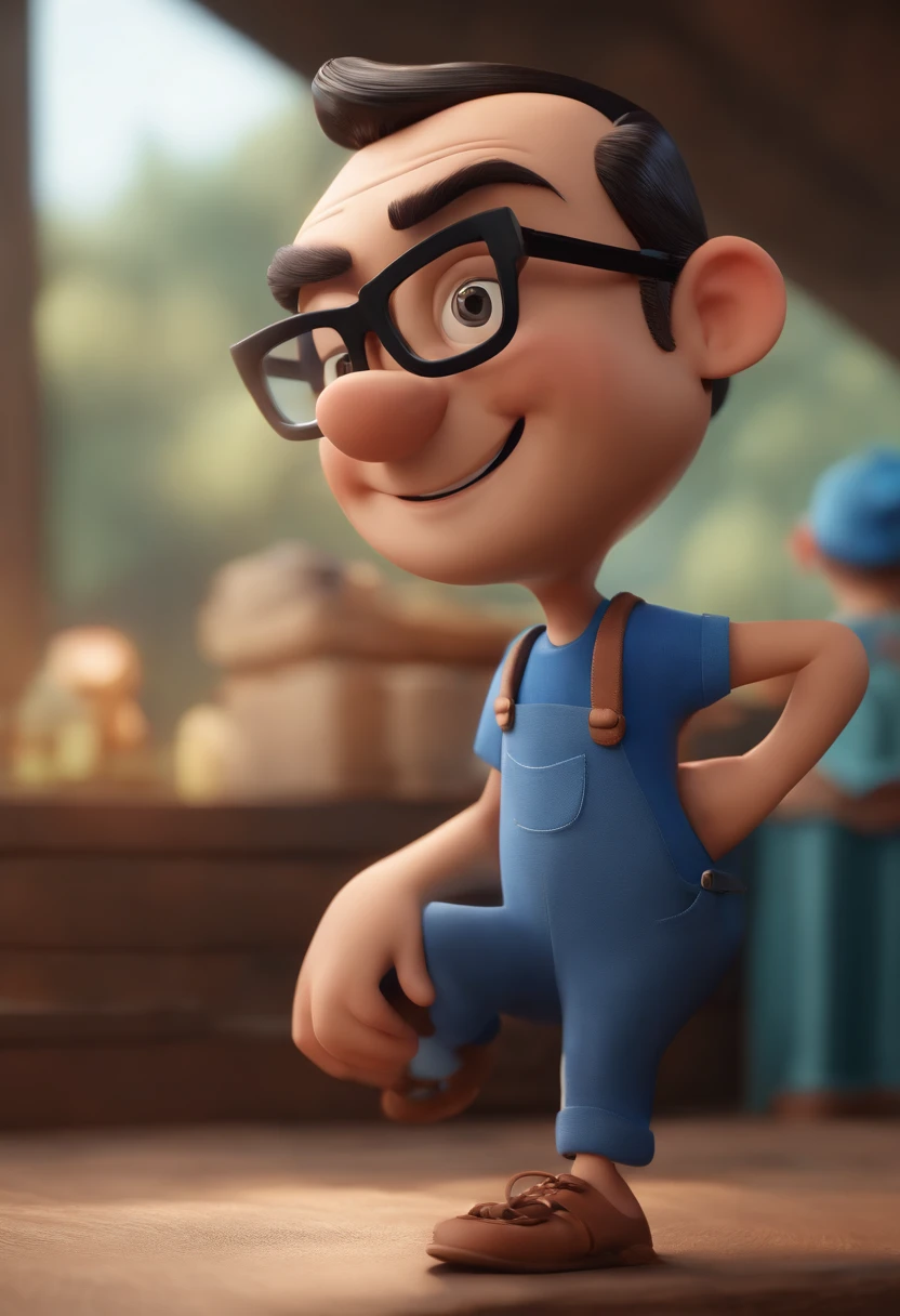 Cartoon character of a man wearing black glasses and a blue shirt, um personagem animado, Caractere estilizado, animation style rendering, 3D estilizado, Arnold Maya render, 3 d render stylized, toon render keyshot, Personagem 3D, Personagem 3D, 3d rendering stylized, 3 d character render, personagem de desenho animado, Personagem de close up, Pose de personagem, (Estilo Pixar) (master part:1.2) (Bokeh) (best quality) (pele detalhada) (textura detalhada) (8k) (argila) (Cinematic lighting) (foco nítido,Senta e vaza a parte superior do corpo