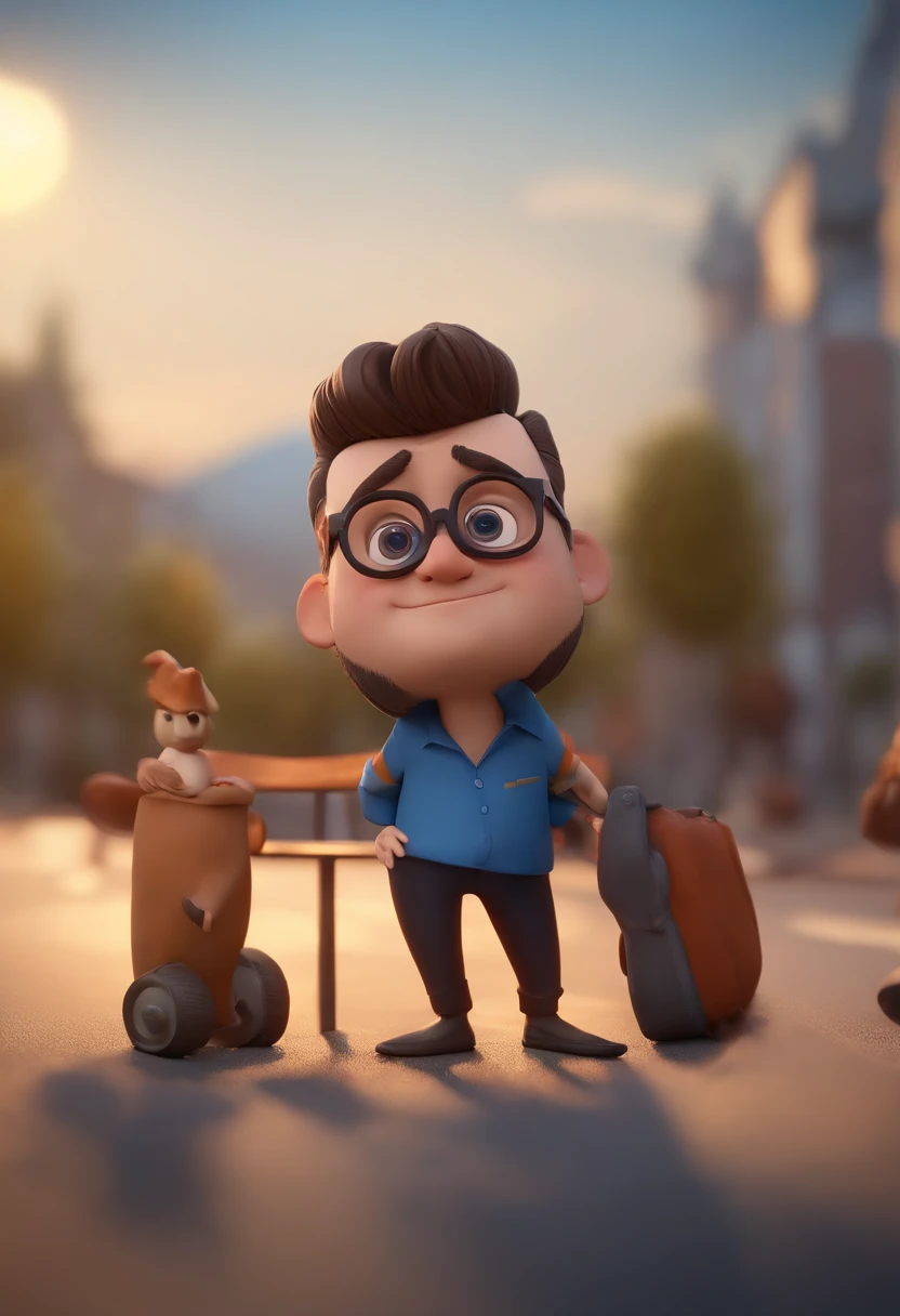 Cartoon character of a man wearing black glasses and a blue shirt, um personagem animado, Caractere estilizado, animation style rendering, 3D estilizado, Arnold Maya render, 3 d render stylized, toon render keyshot, Personagem 3D, Personagem 3D, 3d rendering stylized, 3 d character render, personagem de desenho animado, Personagem de close up, Pose de personagem, (Estilo Pixar) (master part:1.2) (Bokeh) (best quality) (pele detalhada) (textura detalhada) (8k) (argila) (Cinematic lighting) (foco nítido，Senta e vaza a parte superior do corpo