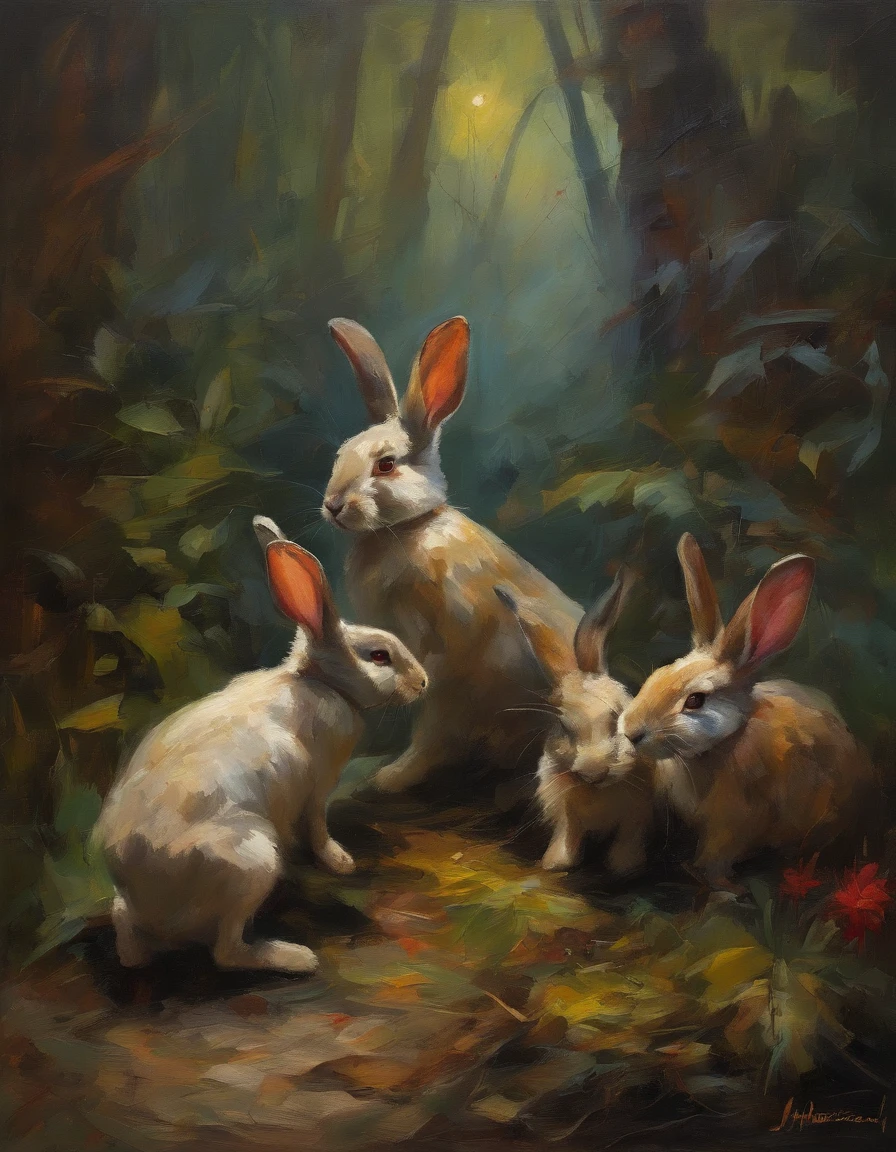 Rabbits group, horror jungle scenery, dark, creepy