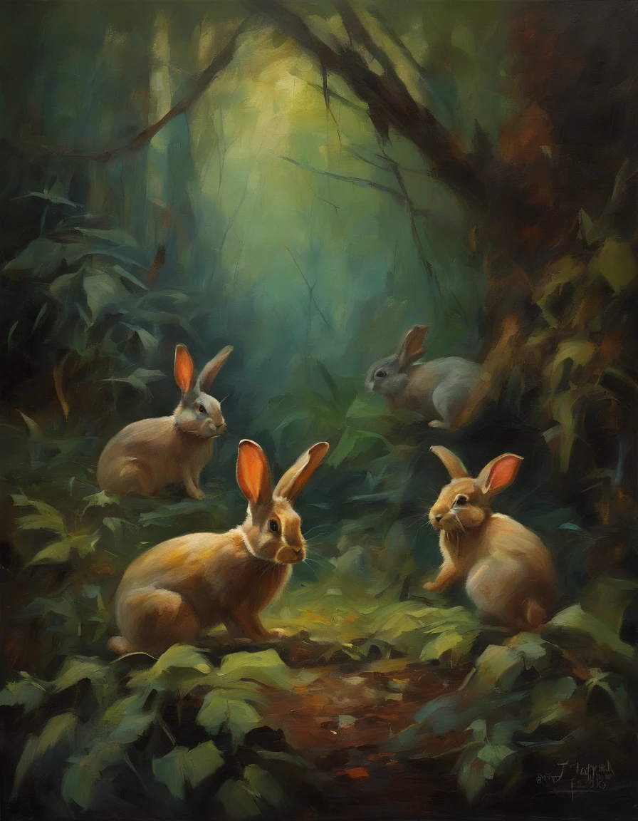 Rabbits group, horror jungle scenery, dark, creepy
