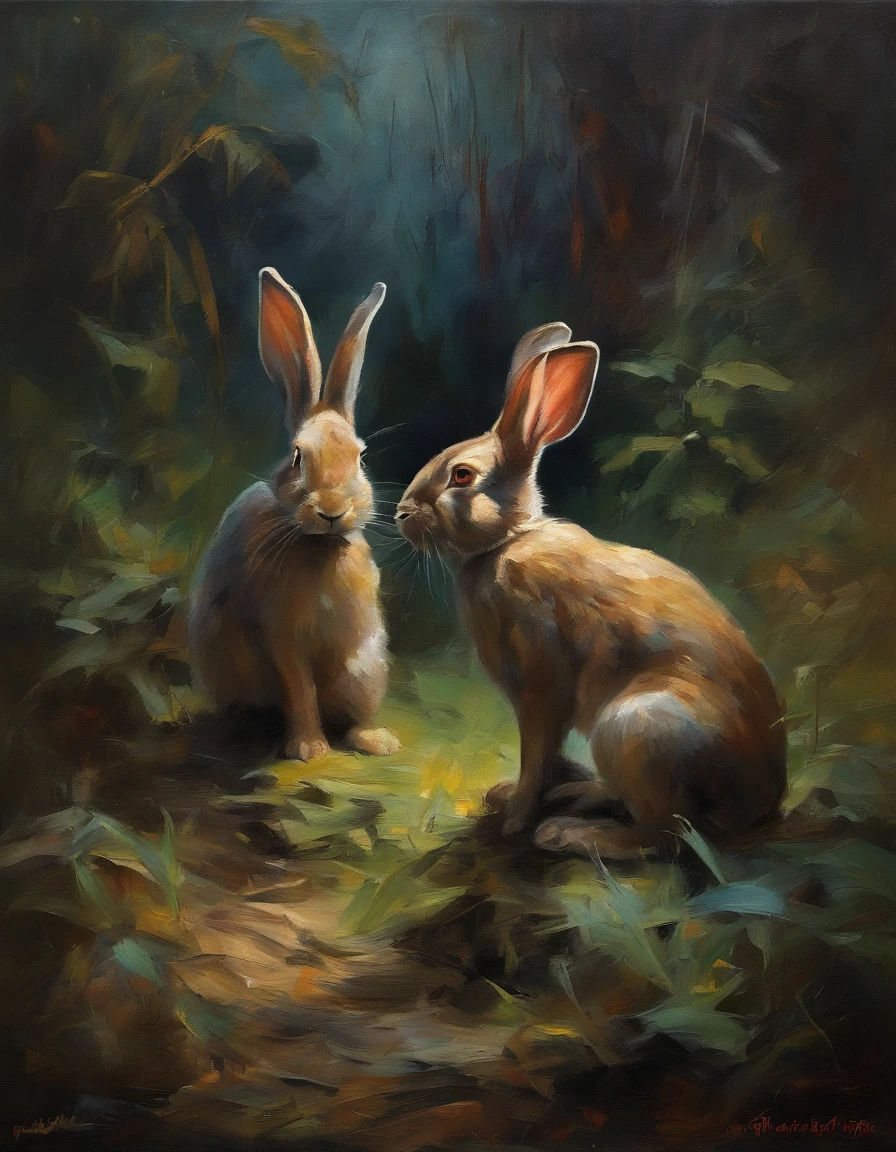 Rabbits group, horror jungle scenery, dark, creepy
