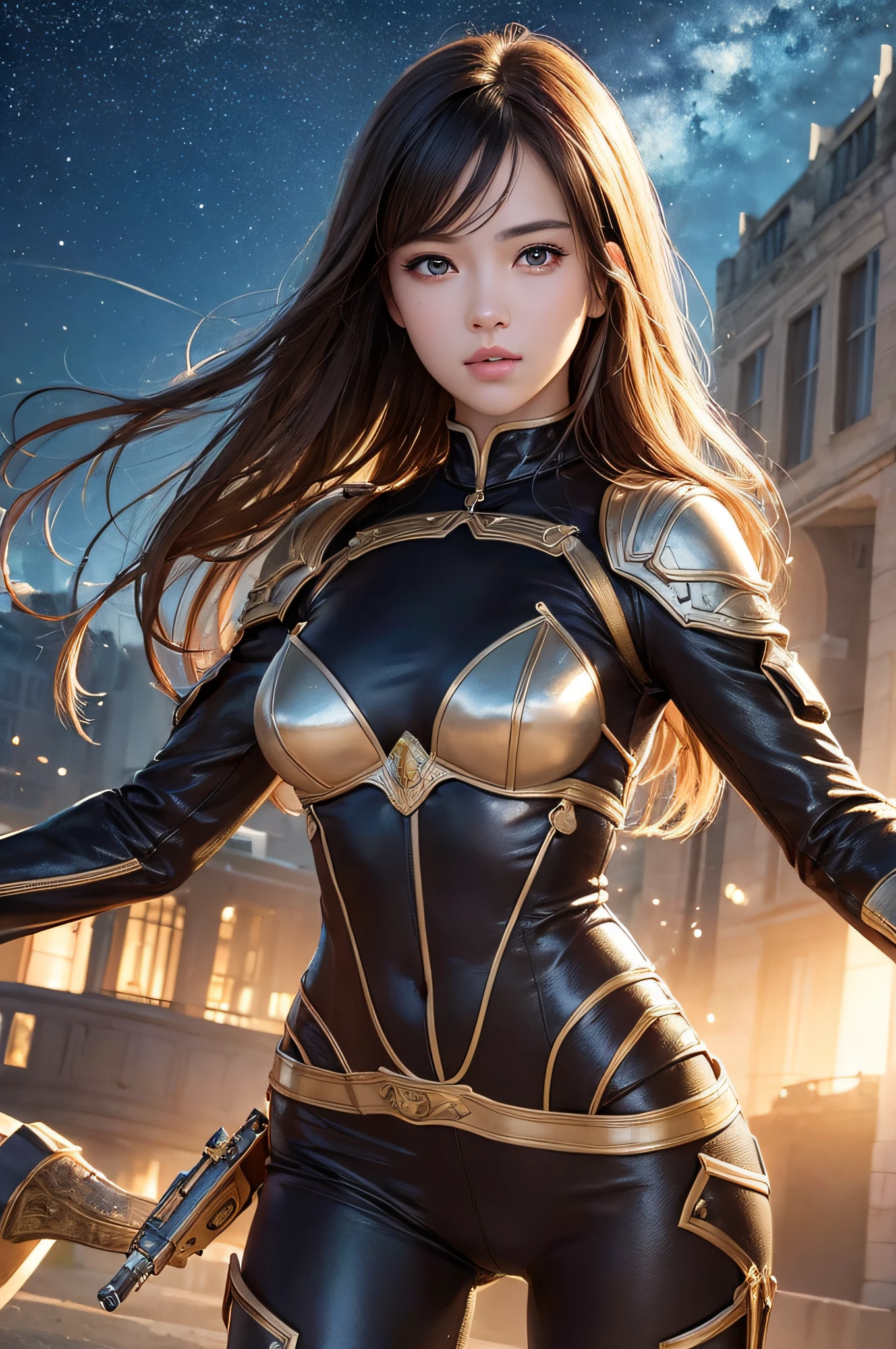 (masterpiece, best quality, super fine illustration, photo realistic, detailed background:1.3),(perfect anatomy:1.2),(extremely detailed),detailed beautiful eyes,
BREAK
cute girl,shiny body,dual wielding,
(Powerful pose),Military Uniform,
BREAK
City,starry skies,