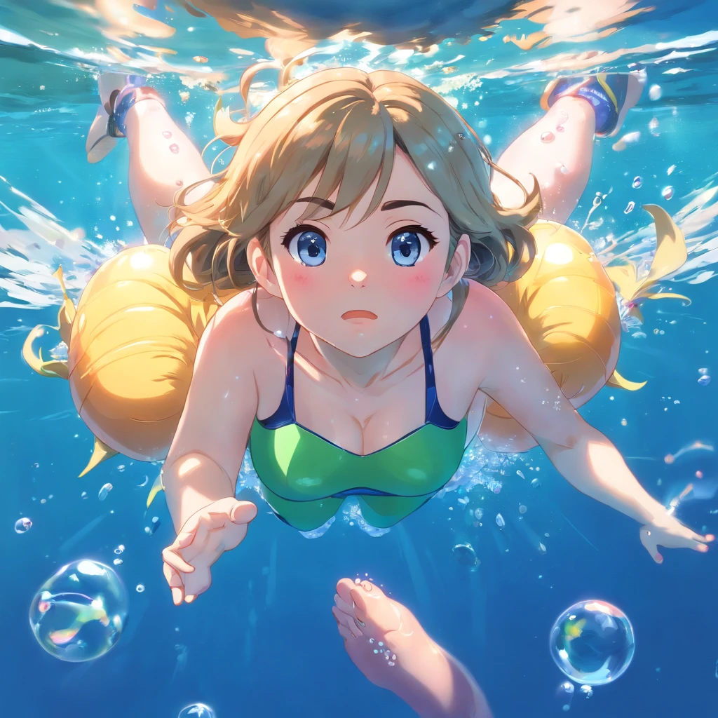 (best quality, masterpiece:1.5),princess peach, wearing a wetsuit, barefoot, laying down on her belly completely submerged underwater at the bottom of a swimming pool, (holding her breath, puffy round face cheeks:1.5), bubbles coming off of her clothes