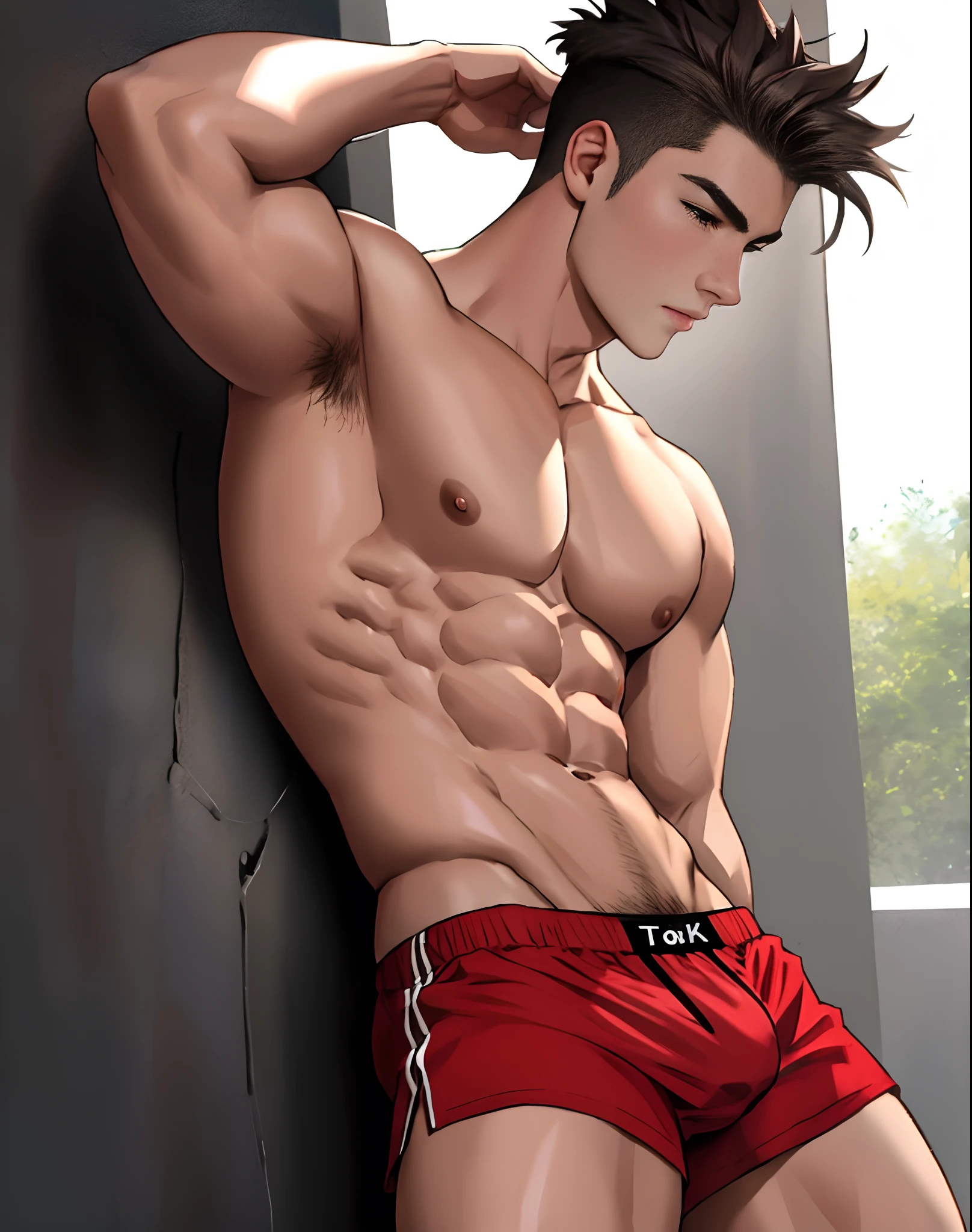 Hot muscular with 10 pack sharp rock hard abs posing seductively in his boxers with bulge, best 4k quality, slim body, young