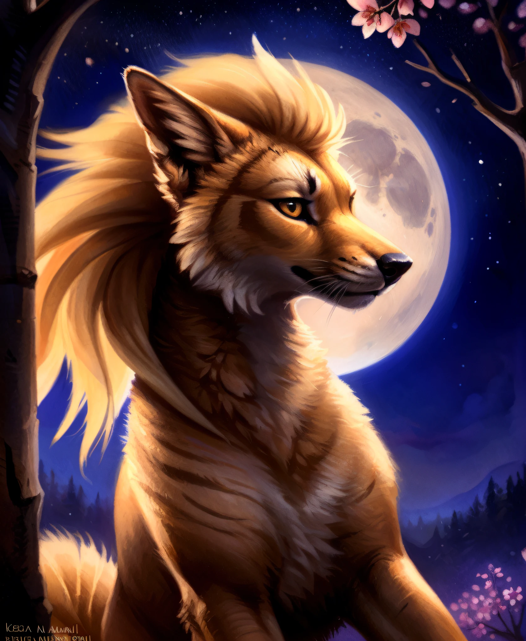 ((solo)) (feral, ninetales), female, looking at viewer, cherry blossom, night, fog, flower, multi tail, full moon,, best quality, shaded, extreme detail, highly detailed, ultradetailed, intricate, realistic, detailed background, hi res, realistic, photography \(artwork\), (by kenket), by ross tran, by michael & inessa garmash, by pino daeni, by isvoc, by kiguri, by alena aenami, by ruan jia, (by zenthetiger, by wolfy-nail), by Enki Bilal, by drmax, photorealism,