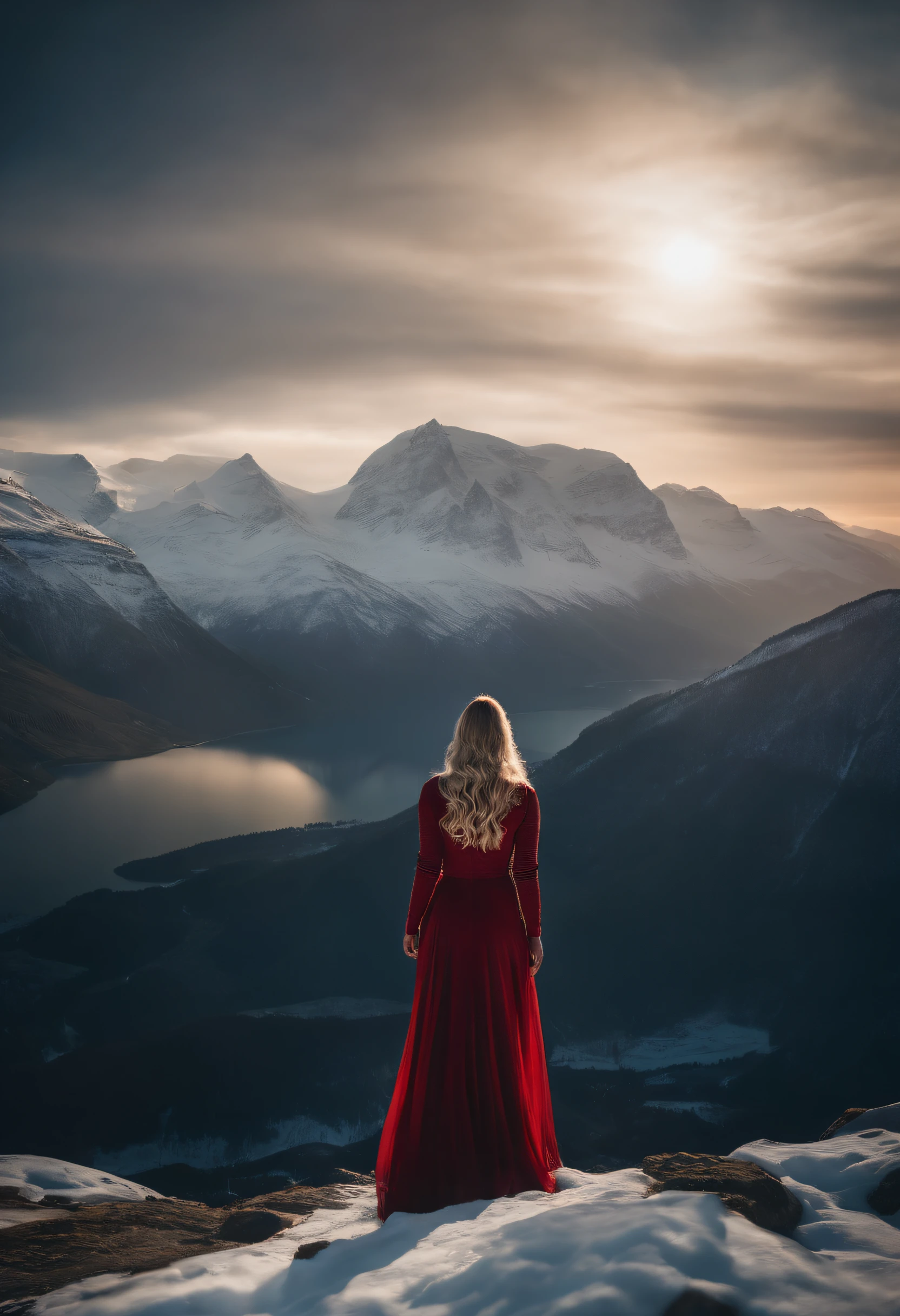 Atmospheric perspective, in a panoramic view, Lens flare, Sony FE GM, Ultra-wide angle, Masterpiece, Anatomically correct, Super detail, High quality, High details,Background: (Magnificent snow-capped mountains under the stars:1.5), aurora, meteor shower, Woman in red dress costume,Back shadow,long whitr hair
