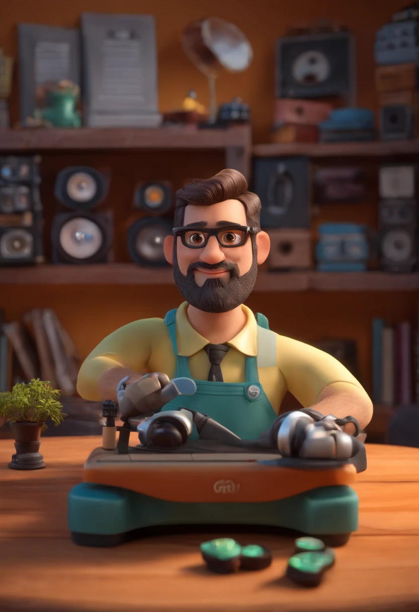 um homem, em breve, barba curta, olhos castanhos, com fones de ouvido, A music studio in the background, Imagem no estilo Pixar, Estilo de filme animado 3D, Disney, camiseta preta