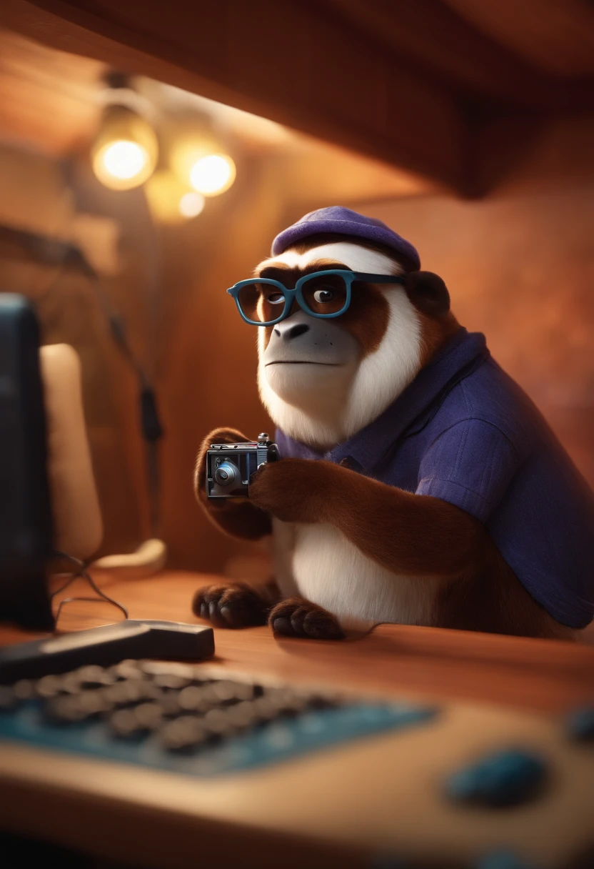 um homem, em breve, barba curta, olhos castanhos, com fones de ouvido, A music studio in the background, Imagem no estilo Pixar, Estilo de filme animado 3D, Disney, camiseta preta